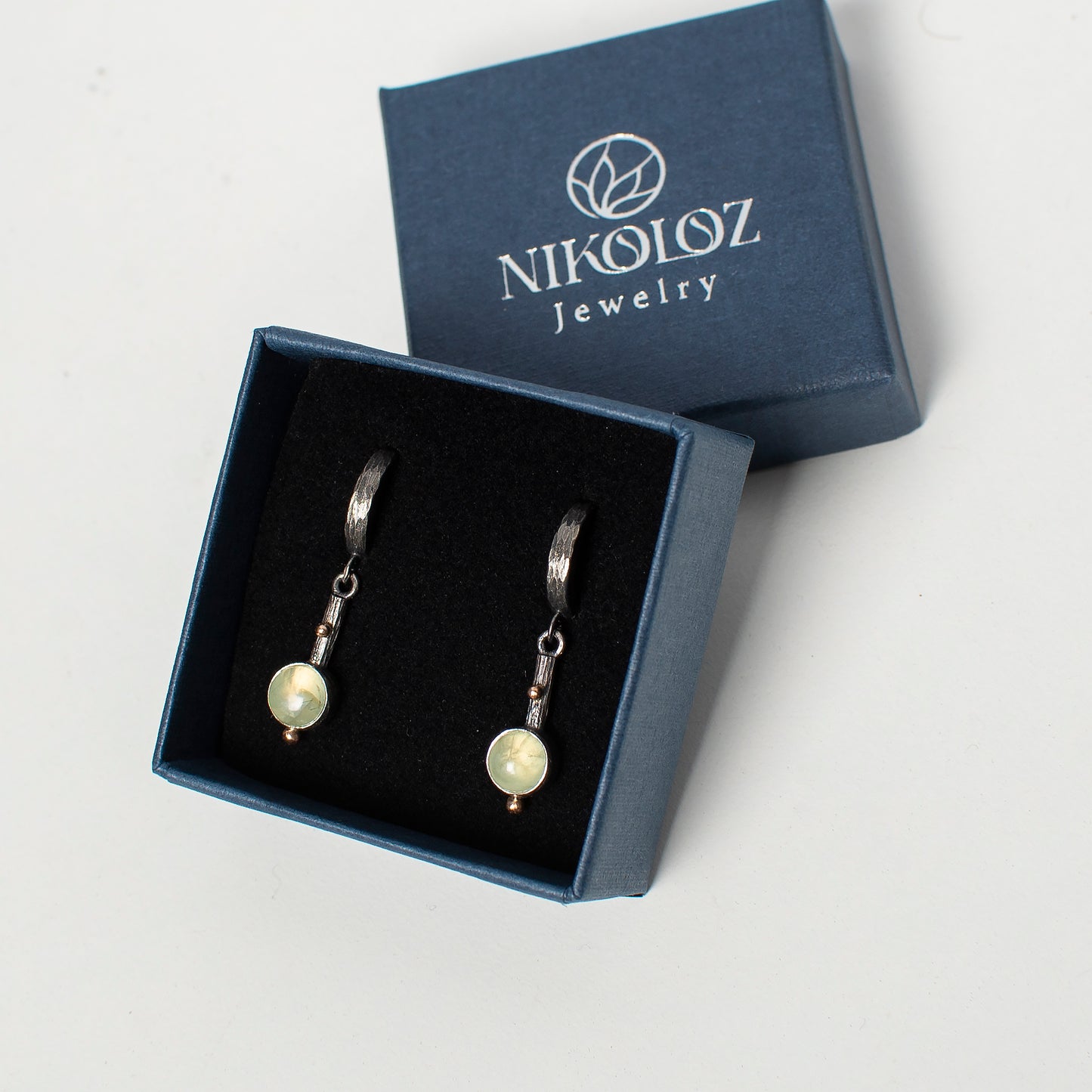 Prehnite Drop Earrings With Gold Beads And Cloisonne Enamel