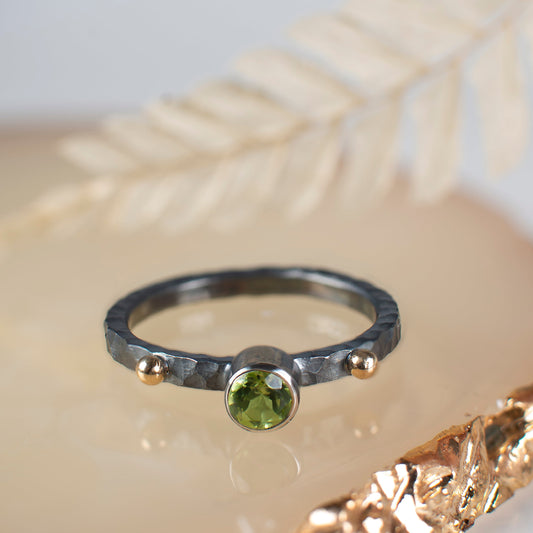 Olivine Sterling Silver Ring With 14K Gold Beads