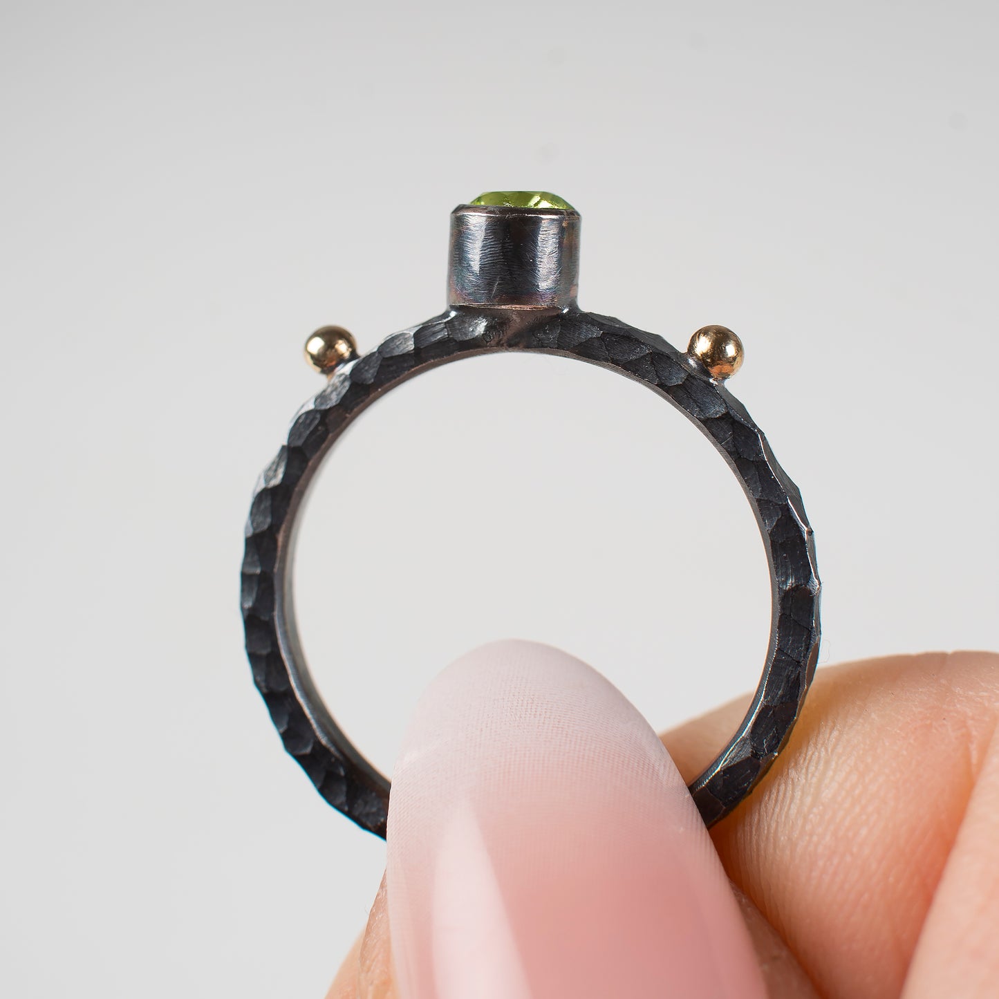 Olivine Sterling Silver Ring With 14K Gold Beads