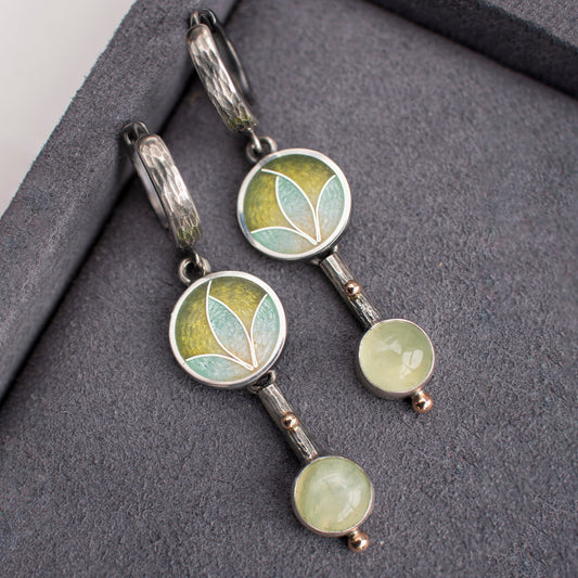 Prehnite Drop Earrings With Gold Beads And Cloisonne Enamel