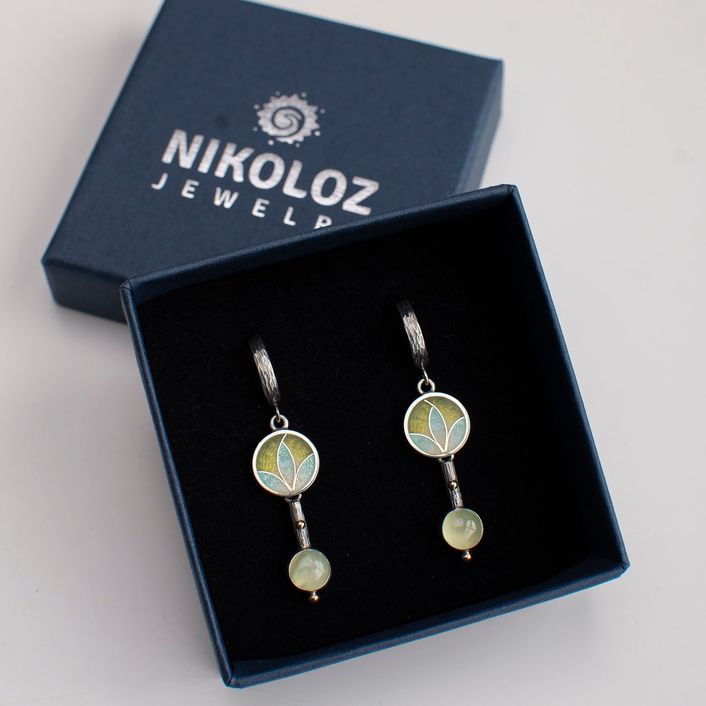 Prehnite Drop Earrings With Gold Beads And Cloisonne Enamel