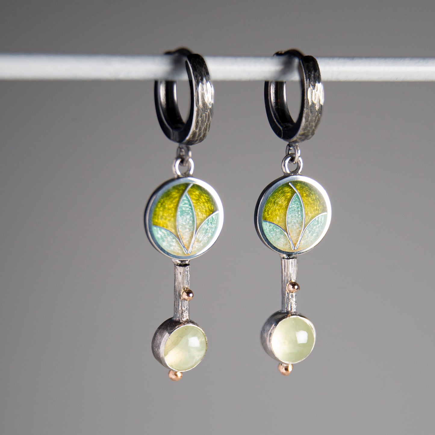 Prehnite Drop Earrings With Gold Beads And Cloisonne Enamel