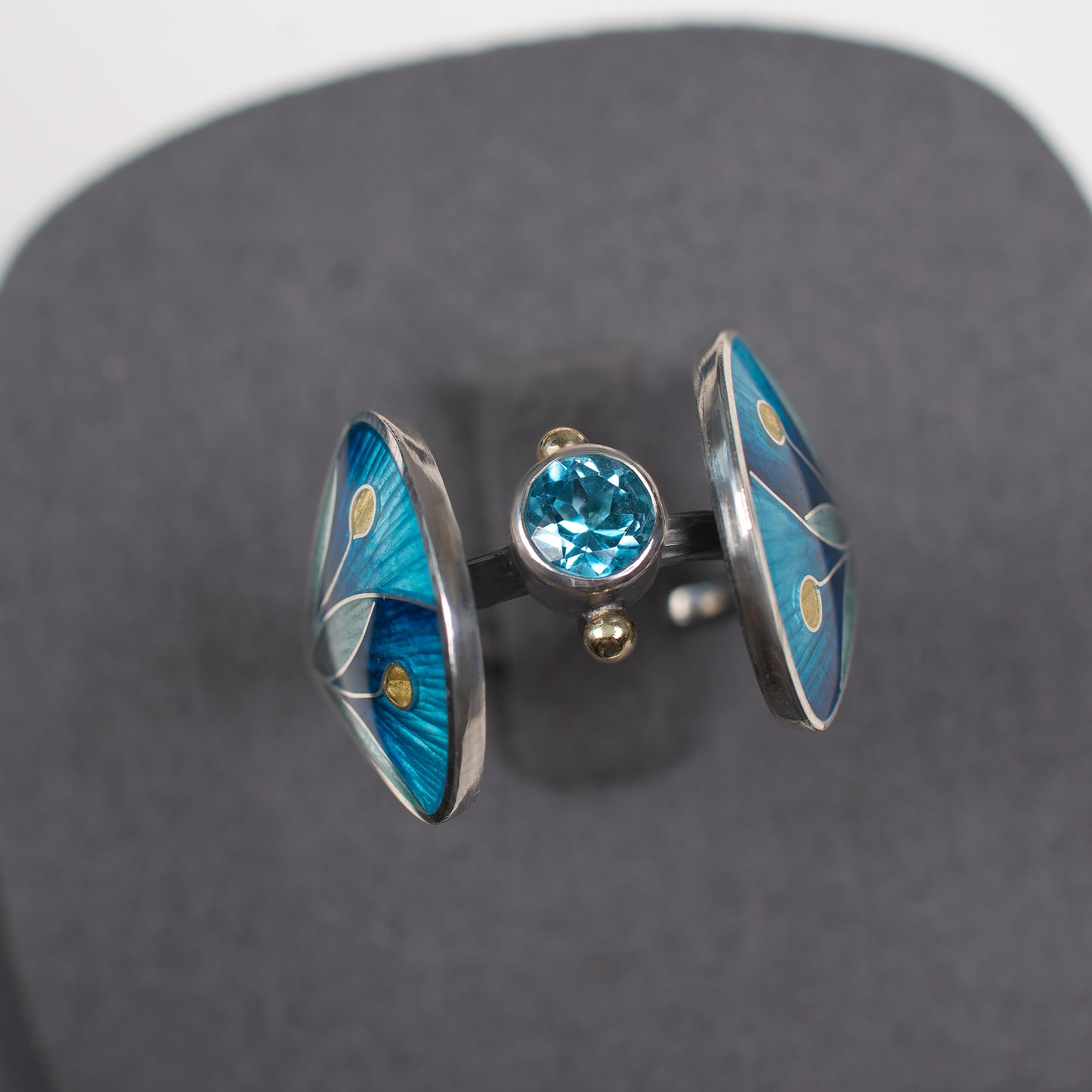 Cloisonné Enamel Ring with Rose Cut Topaz, Blue Double Leaves Ring