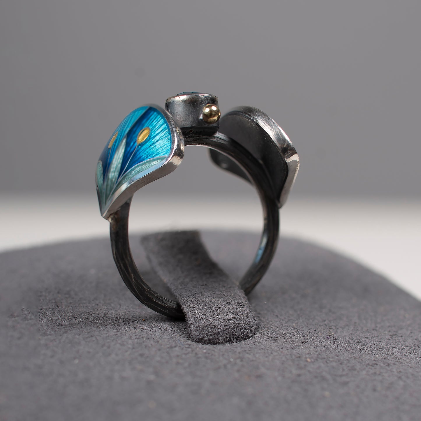 Cloisonné Enamel Ring with Rose Cut Topaz, Blue Double Leaves Ring