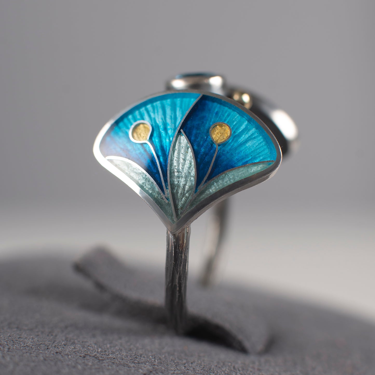 Cloisonné Enamel Ring with Rose Cut Topaz, Blue Double Leaves Ring