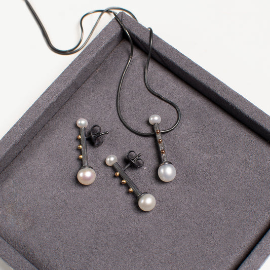 Silver Earrings And Pendant With Gold Beads And Pearls