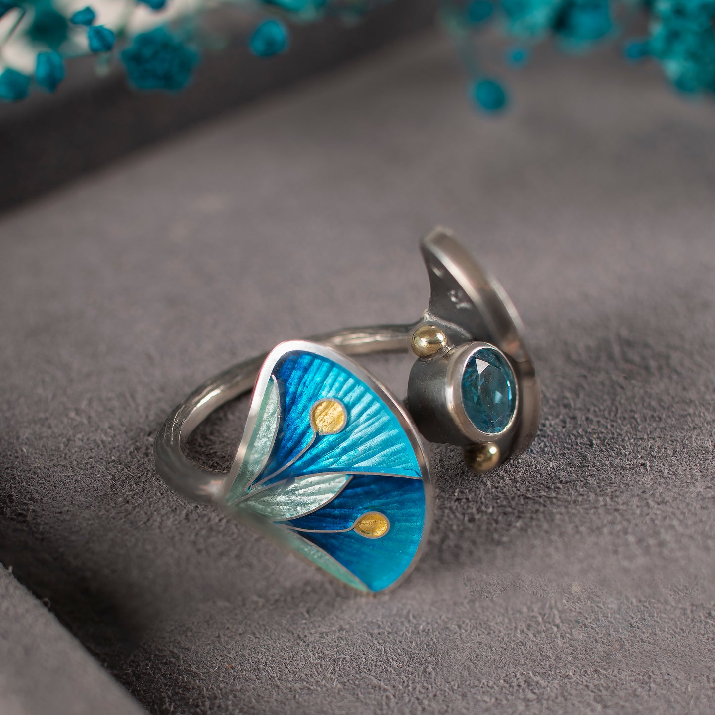 Cloisonné Enamel Ring with Rose Cut Topaz, Blue Double Leaves Ring