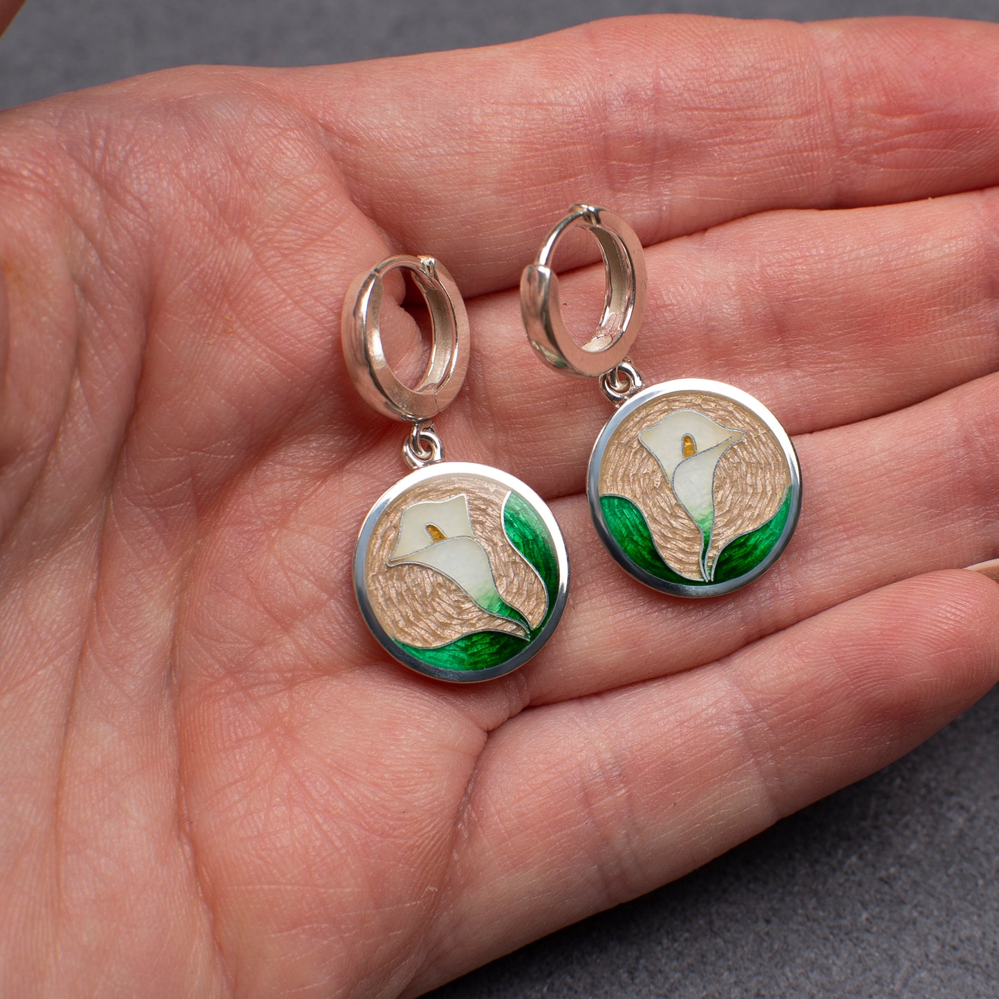 Sterling Silver Calla Lily Earrings - Cloisonné Enamel Drop Earrings