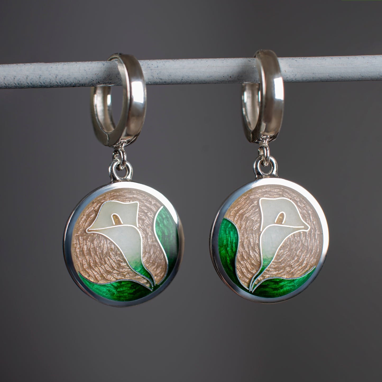 Sterling Silver Calla Lily Earrings - Cloisonné Enamel Drop Earrings