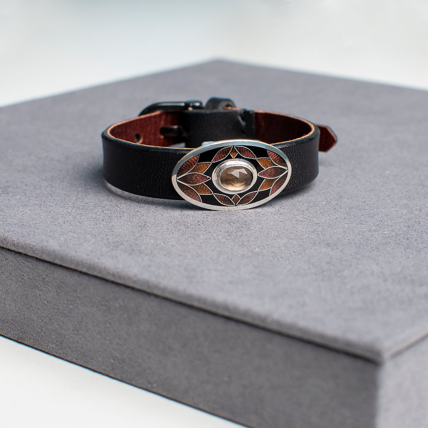 Bracelet With Enamel: Smoky Quartz, Sterling Silver, Cloisonne Enamel, Leather Cord