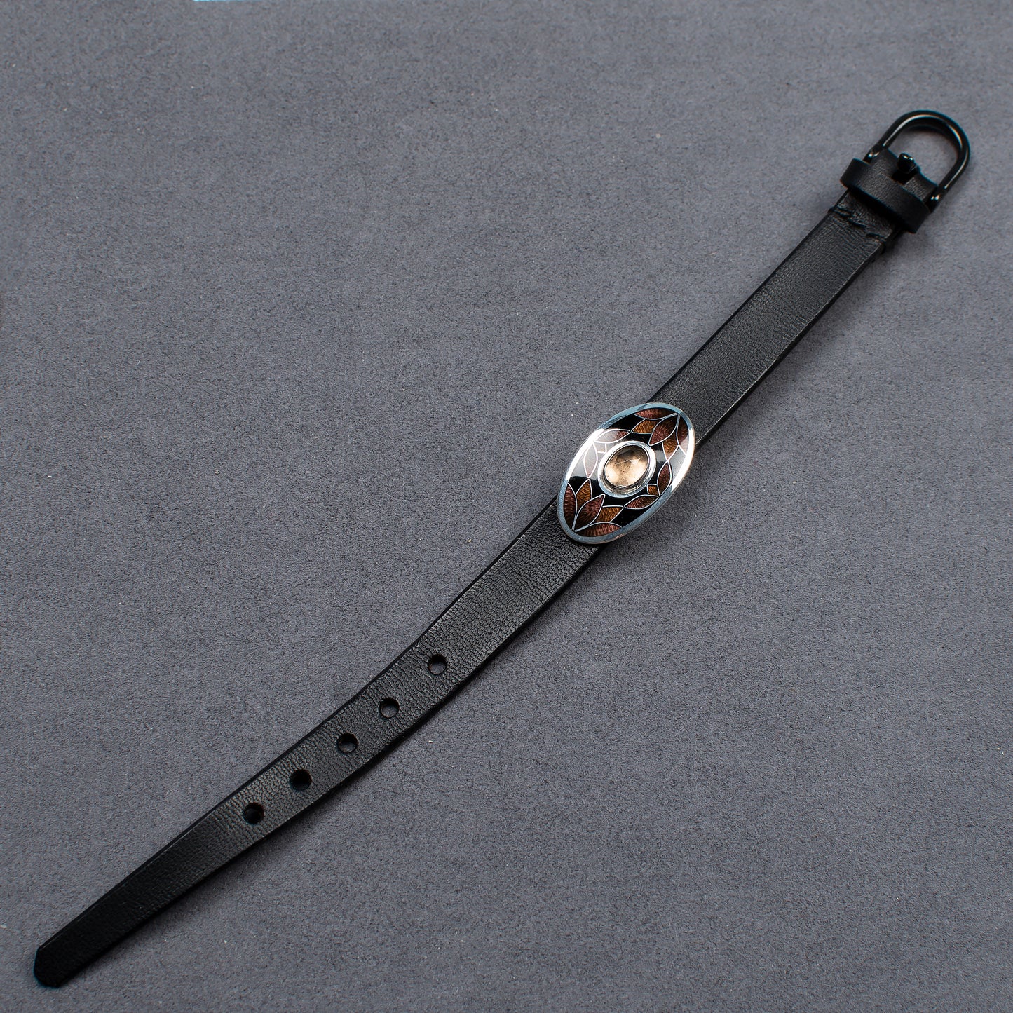 Bracelet With Enamel: Smoky Quartz, Sterling Silver, Cloisonne Enamel, Leather Cord