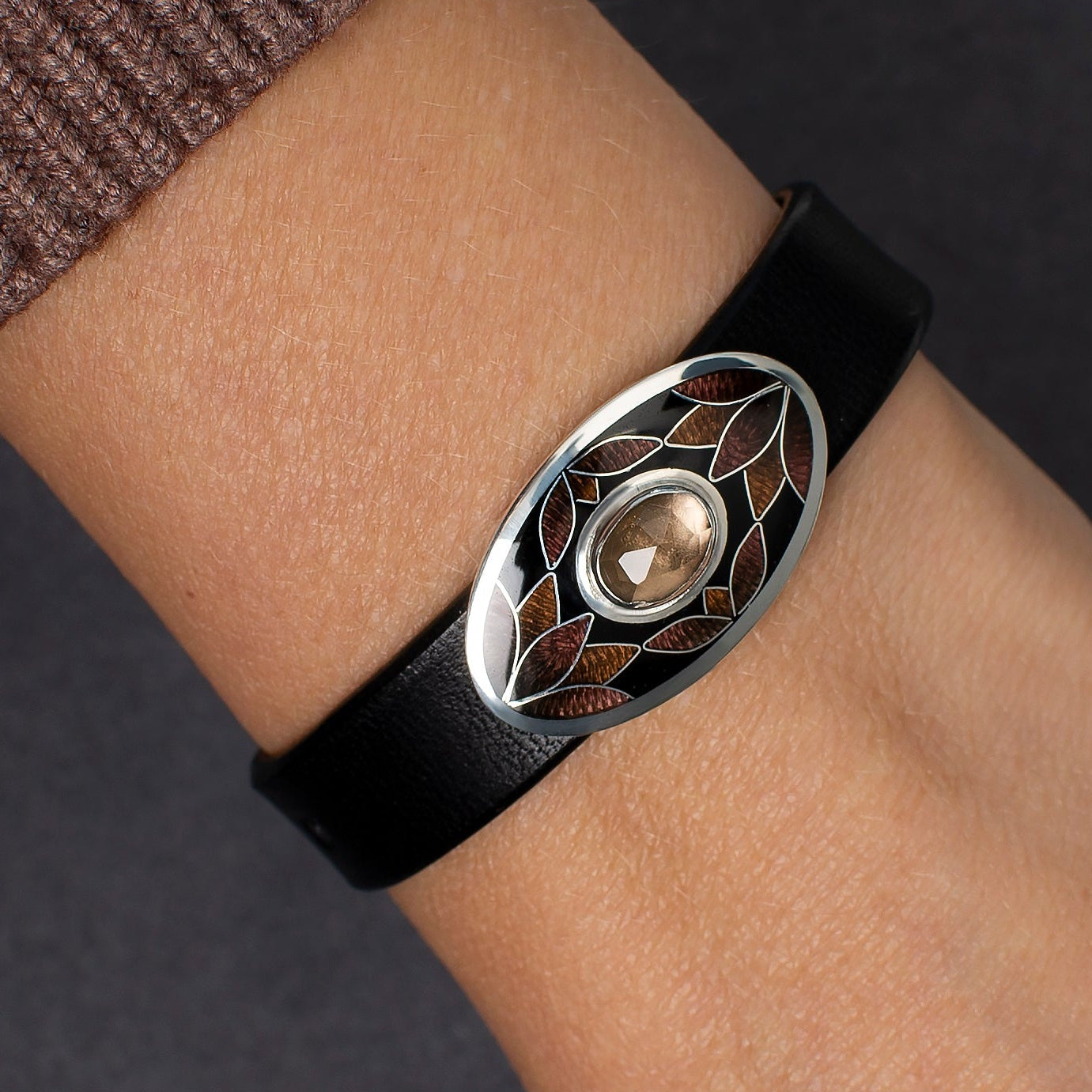 Bracelet With Enamel: Smoky Quartz, Sterling Silver, Cloisonne Enamel, Leather Cord