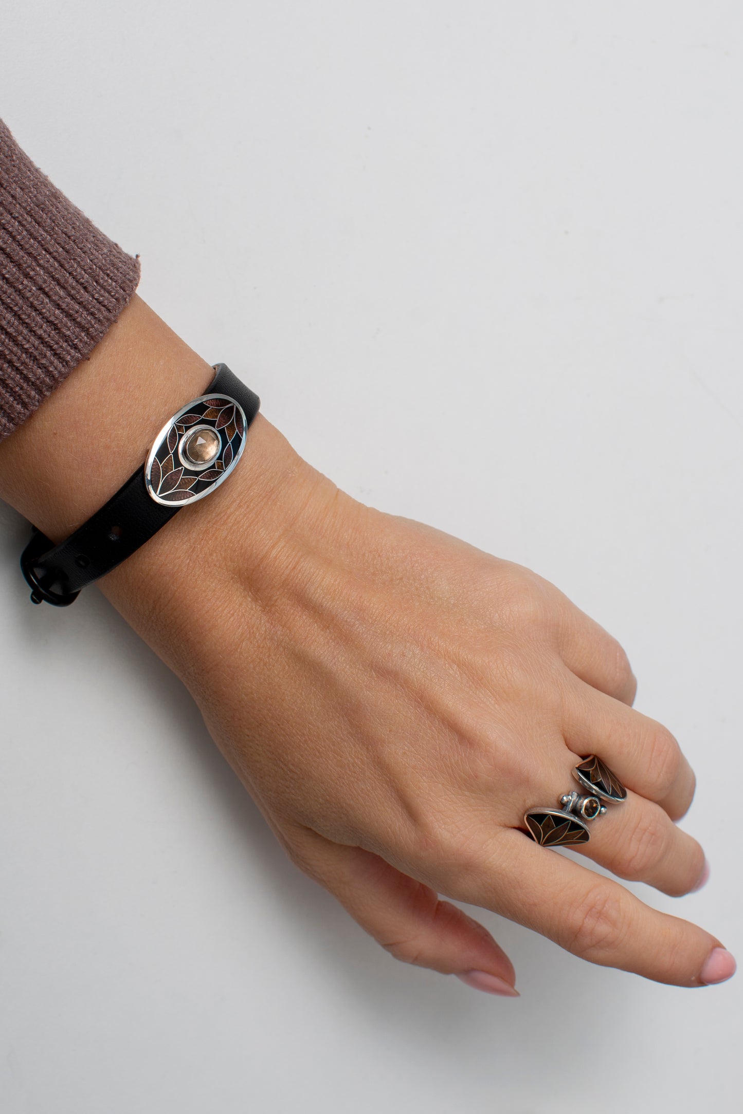 Bracelet With Enamel: Smoky Quartz, Sterling Silver, Cloisonne Enamel, Leather Cord