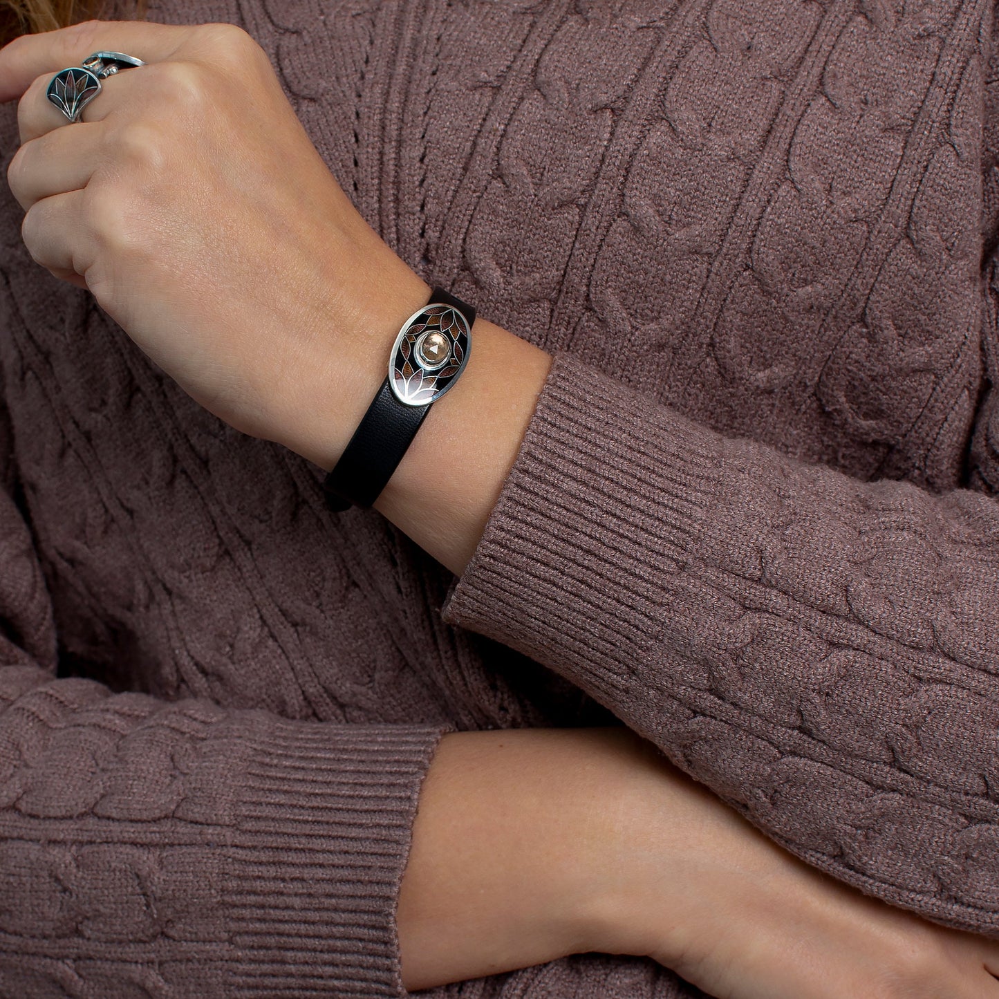 Bracelet With Enamel: Smoky Quartz, Sterling Silver, Cloisonne Enamel, Leather Cord