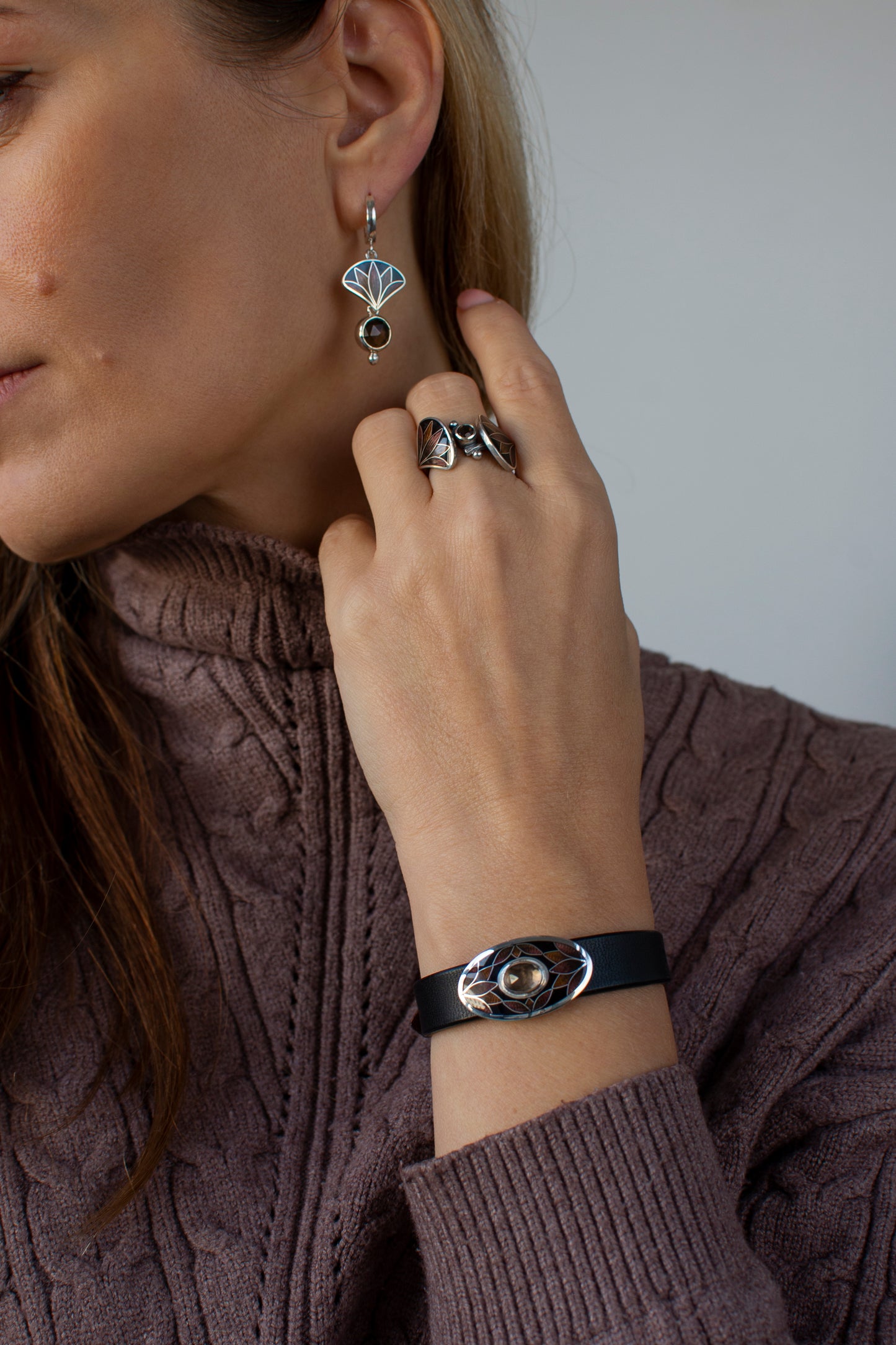 Bracelet With Enamel: Smoky Quartz, Sterling Silver, Cloisonne Enamel, Leather Cord