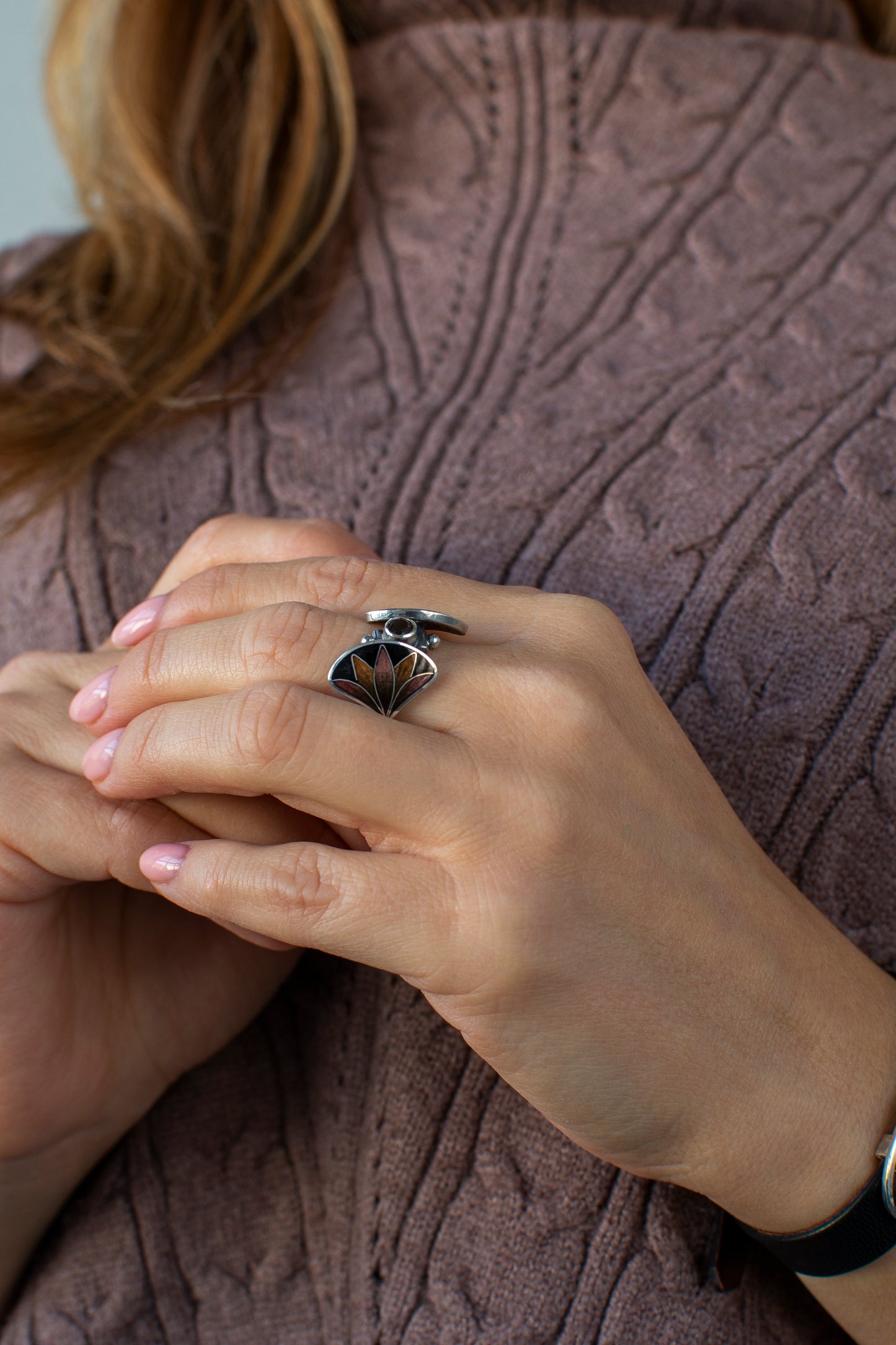 Smoky Quartz Cloisonne Enamel Ring, Sterling Silver Boho Ring