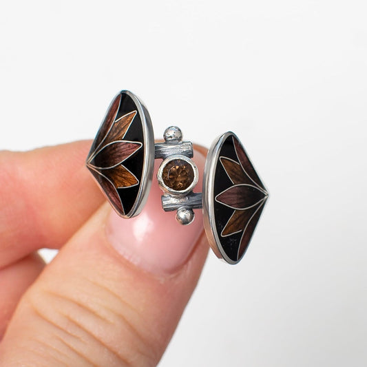 Smoky Quartz Cloisonne Enamel Ring, Sterling Silver Boho Ring