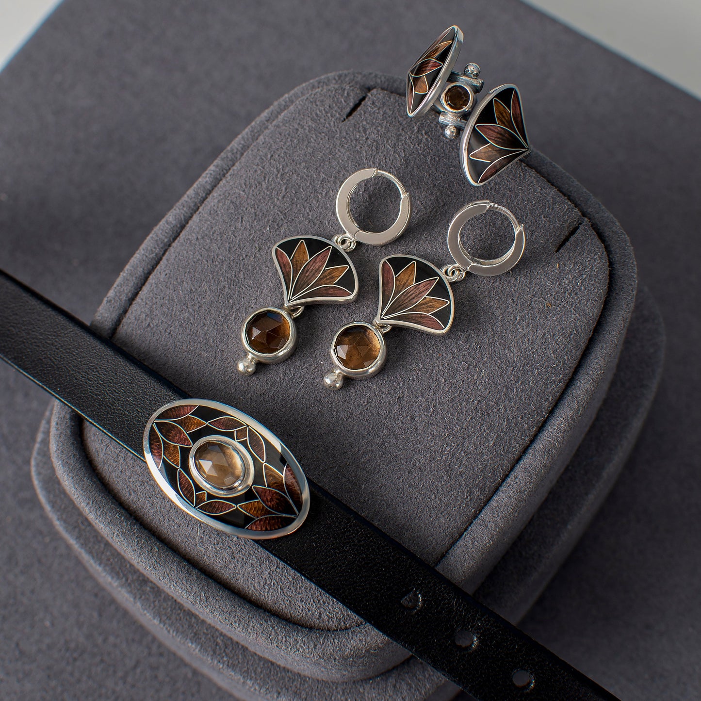 Bracelet With Enamel: Smoky Quartz, Sterling Silver, Cloisonne Enamel, Leather Cord