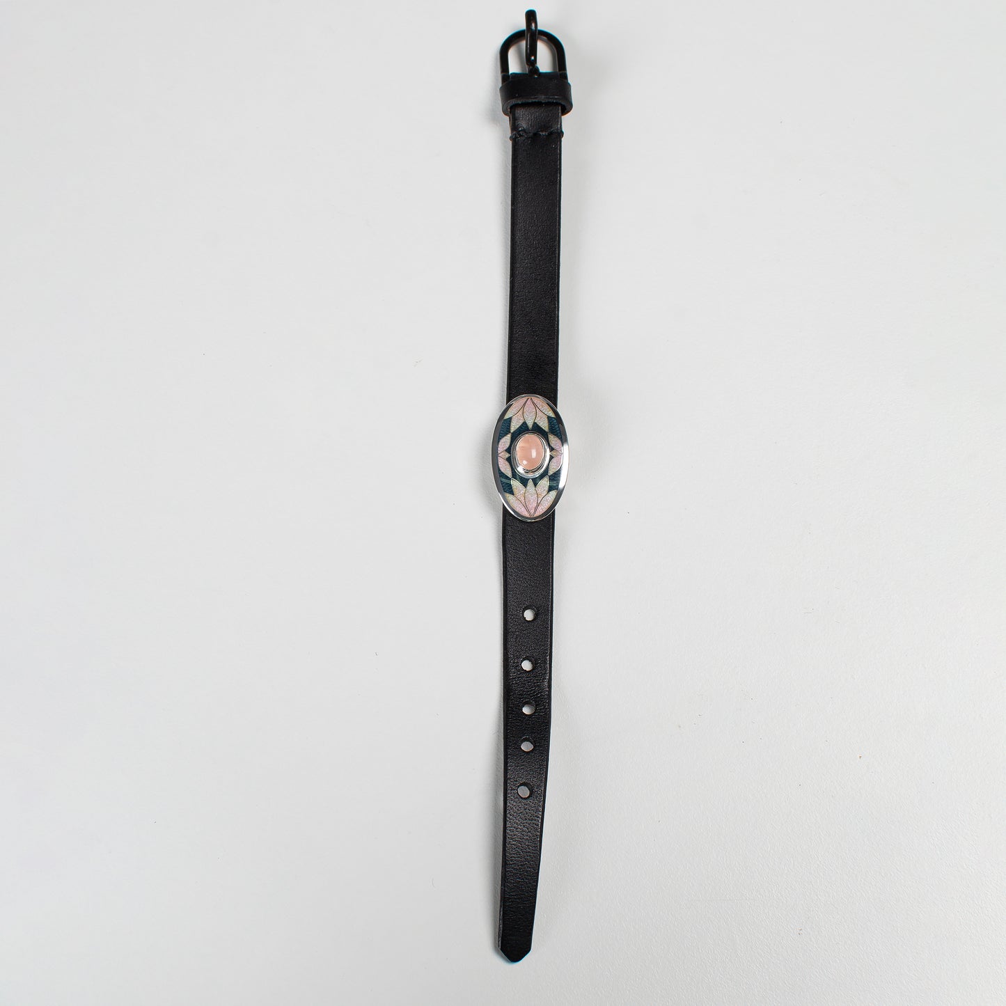 Bracelet With Enamel: Rose Quartz, Sterling Silver, Cloisonne Enamel, Leather Cord