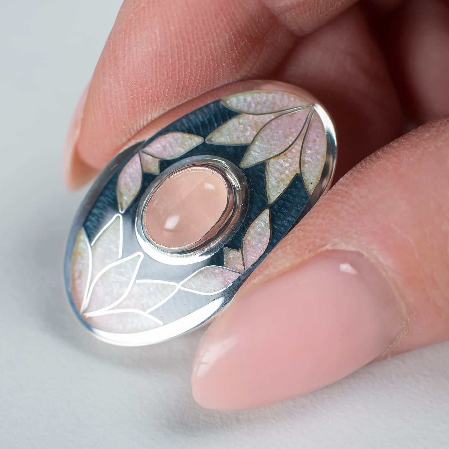 Bracelet With Enamel: Rose Quartz, Sterling Silver, Cloisonne Enamel, Leather Cord