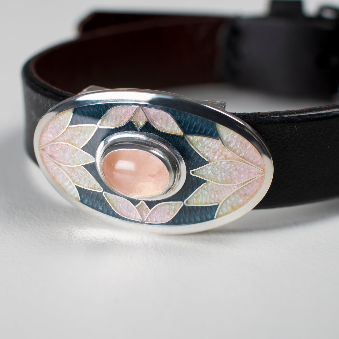 Bracelet With Enamel: Rose Quartz, Sterling Silver, Cloisonne Enamel, Leather Cord