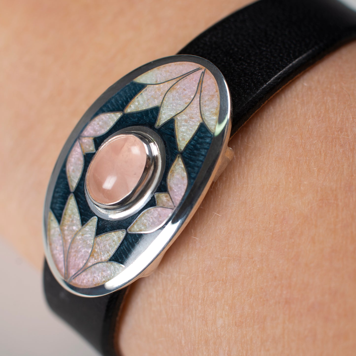 Bracelet With Enamel: Rose Quartz, Sterling Silver, Cloisonne Enamel, Leather Cord