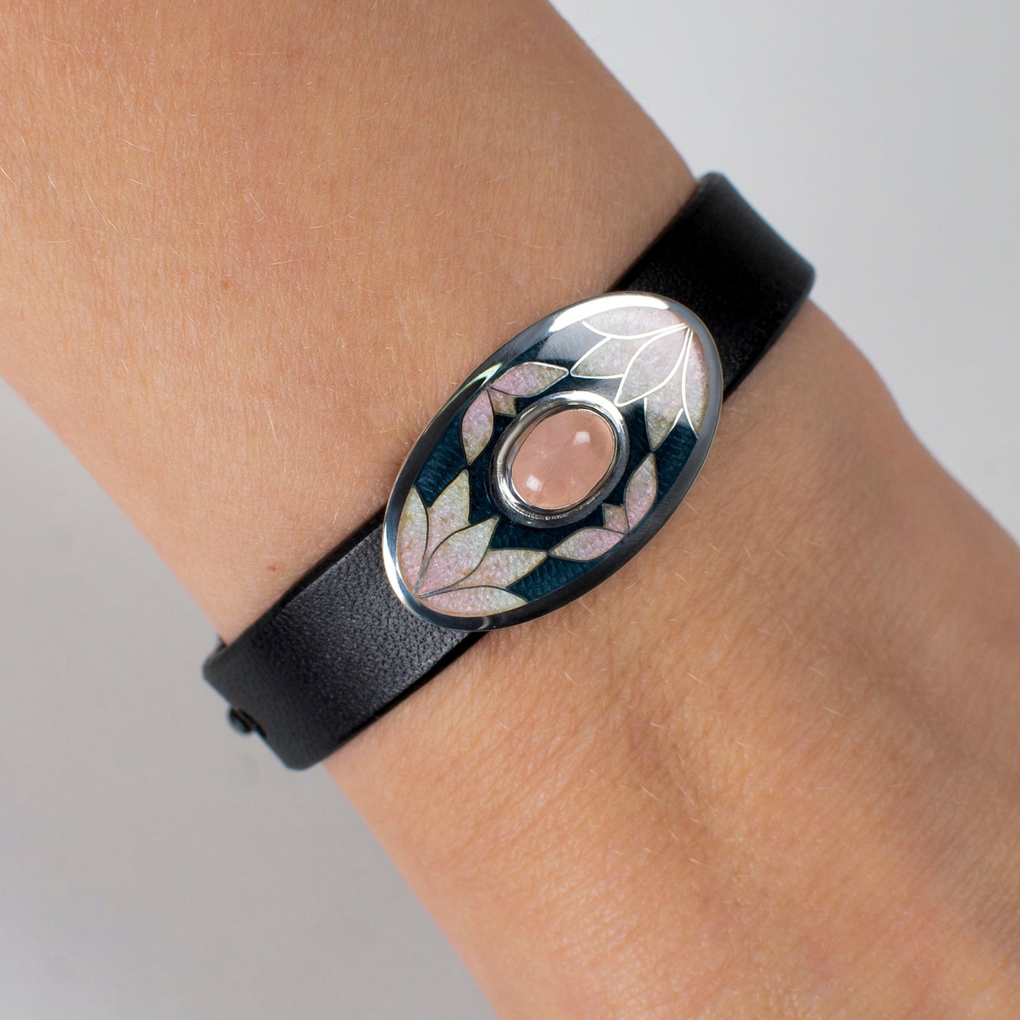 Bracelet With Enamel: Rose Quartz, Sterling Silver, Cloisonne Enamel, Leather Cord