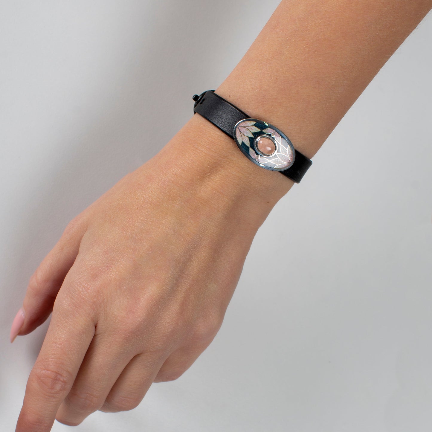 Bracelet With Enamel: Rose Quartz, Sterling Silver, Cloisonne Enamel, Leather Cord