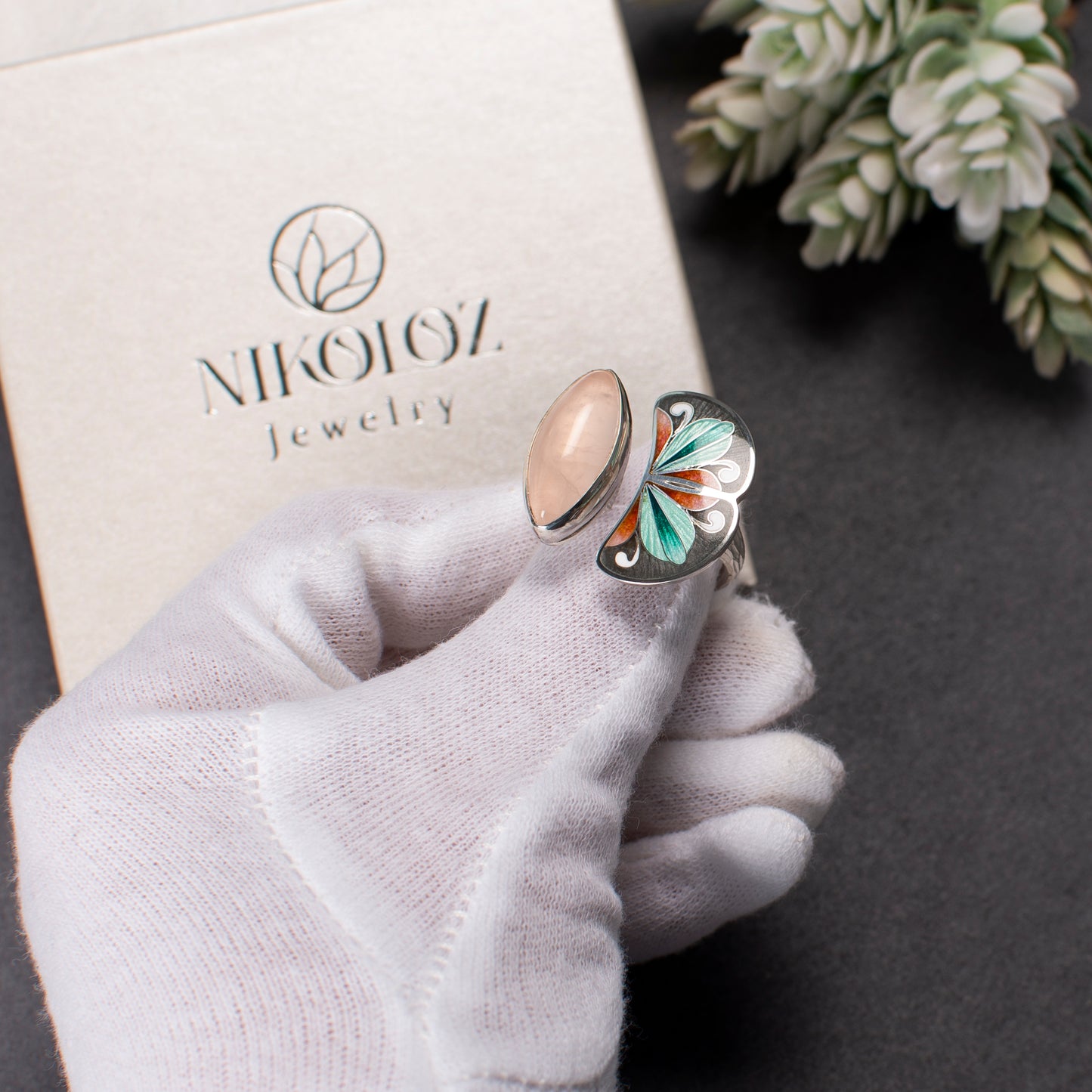 Rose Quartz Ring, Cloisonne Enamel Bohemian Ring