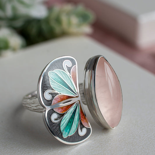 Rose Quartz Ring, Cloisonne Enamel Bohemian Ring
