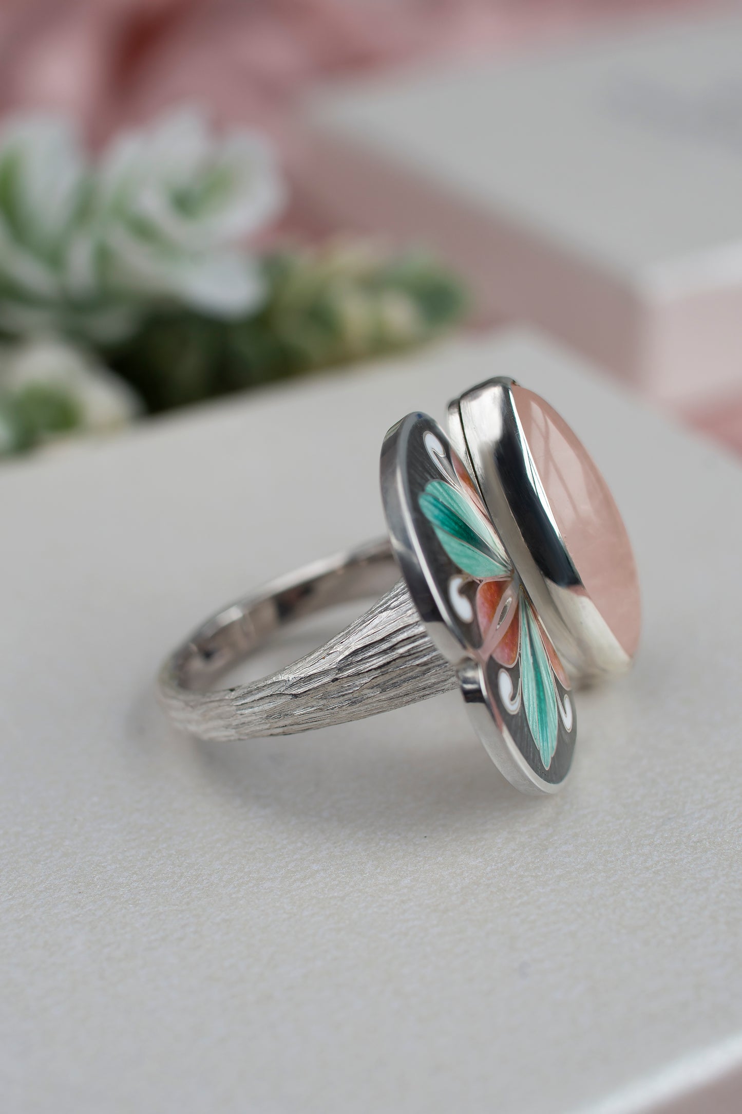 Rose Quartz Ring, Cloisonne Enamel Bohemian Ring
