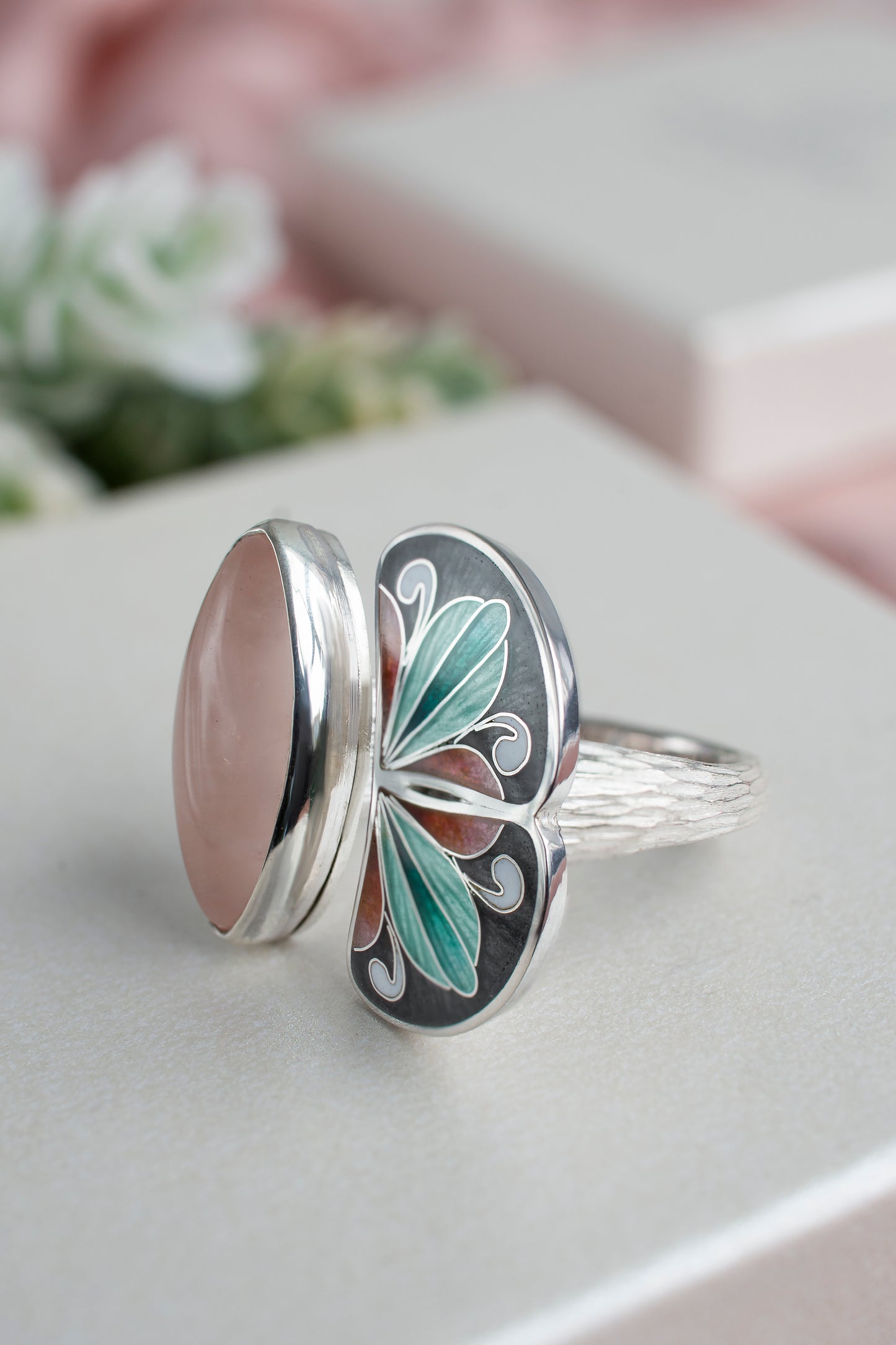 Rose Quartz Ring, Cloisonne Enamel Bohemian Ring