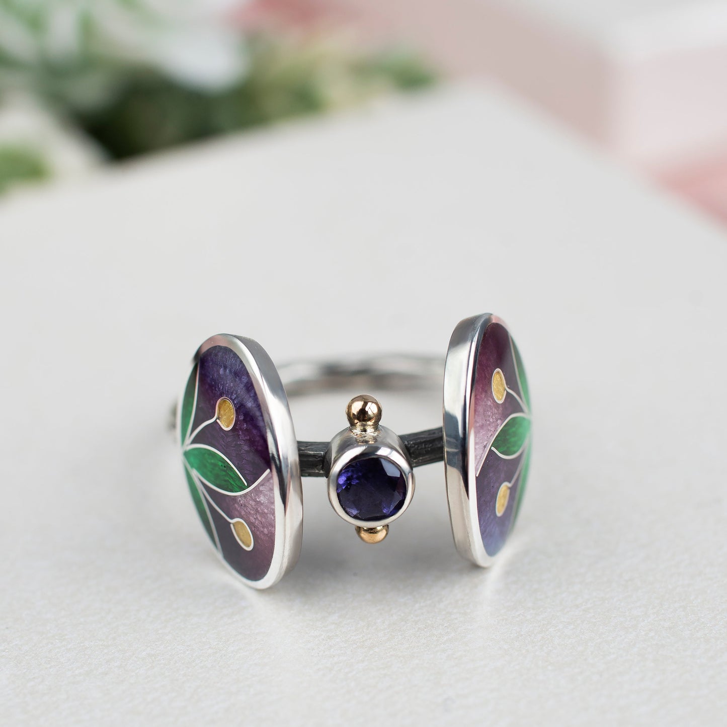 Enameled Oval Shape Ring with Iolite Stone, Cloisonne Enamel And Sterling Silver Ring