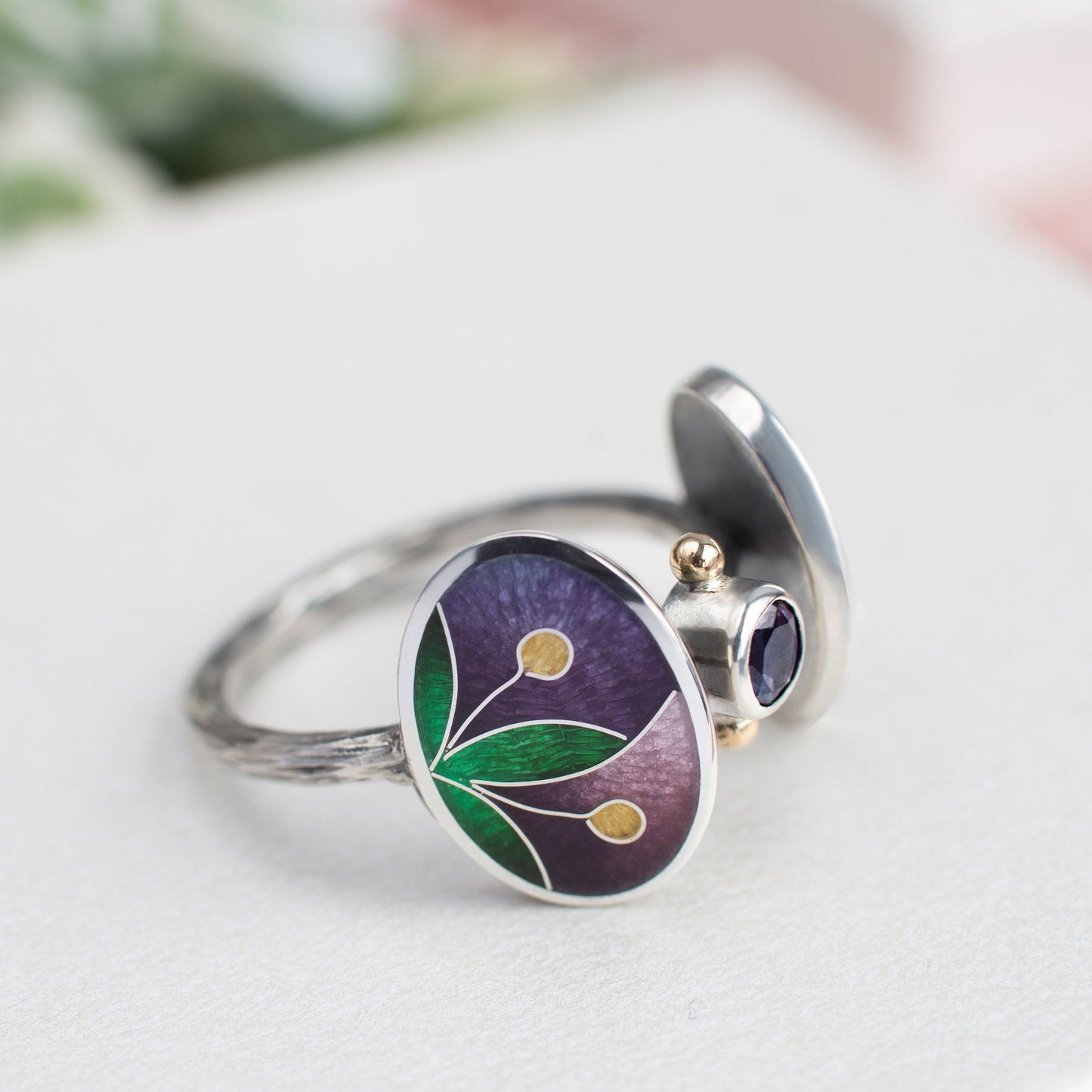 Enameled Oval Shape Ring with Iolite Stone, Cloisonne Enamel And Sterling Silver Ring