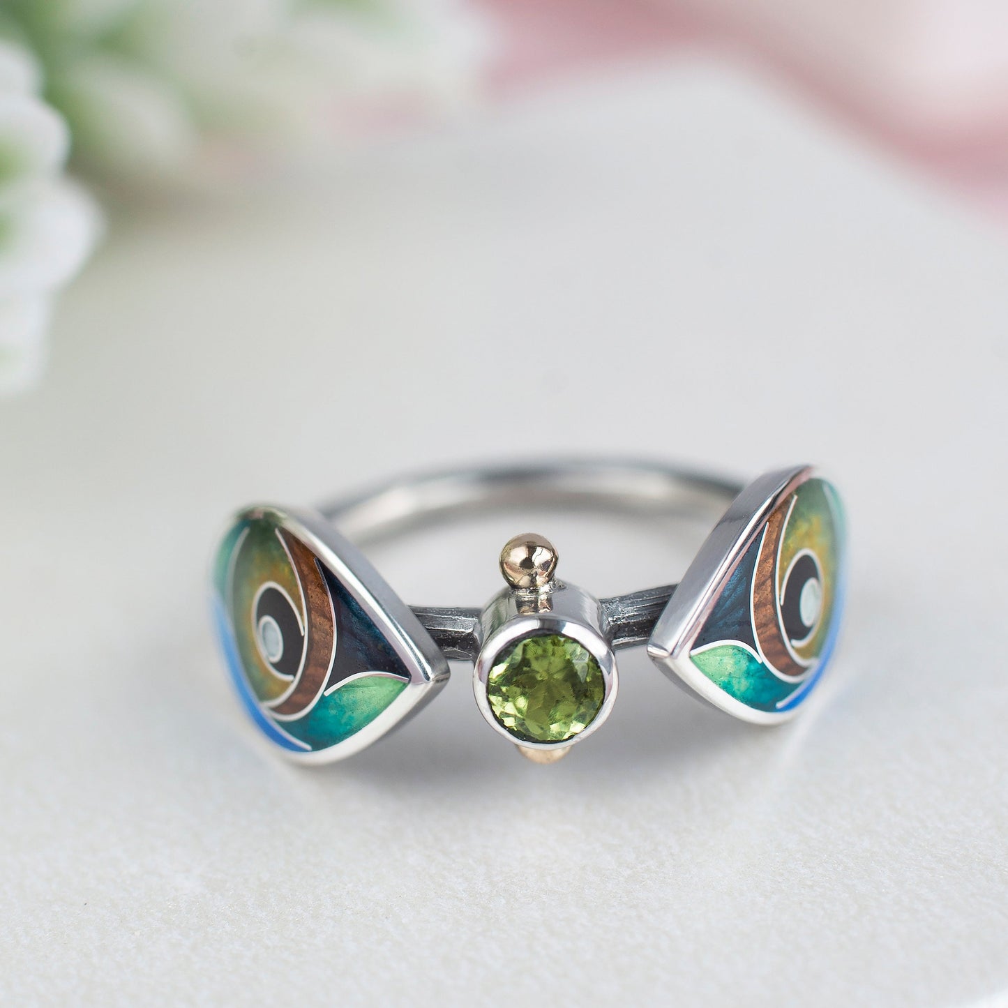 Cloisonné Enamel Ring with Olivine and Gold Beads "Verdant Vision"