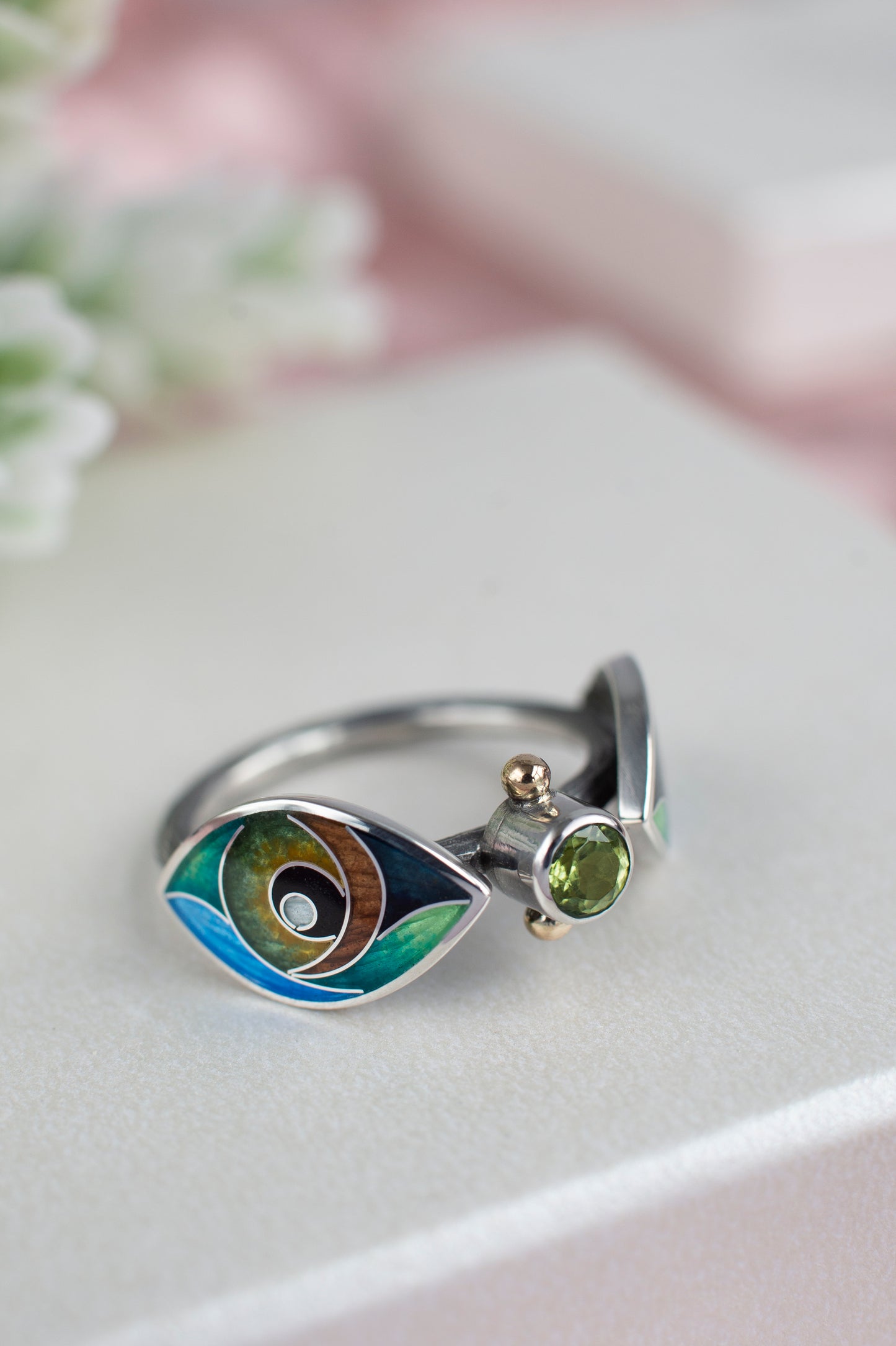 Cloisonné Enamel Ring with Olivine and Gold Beads "Verdant Vision"
