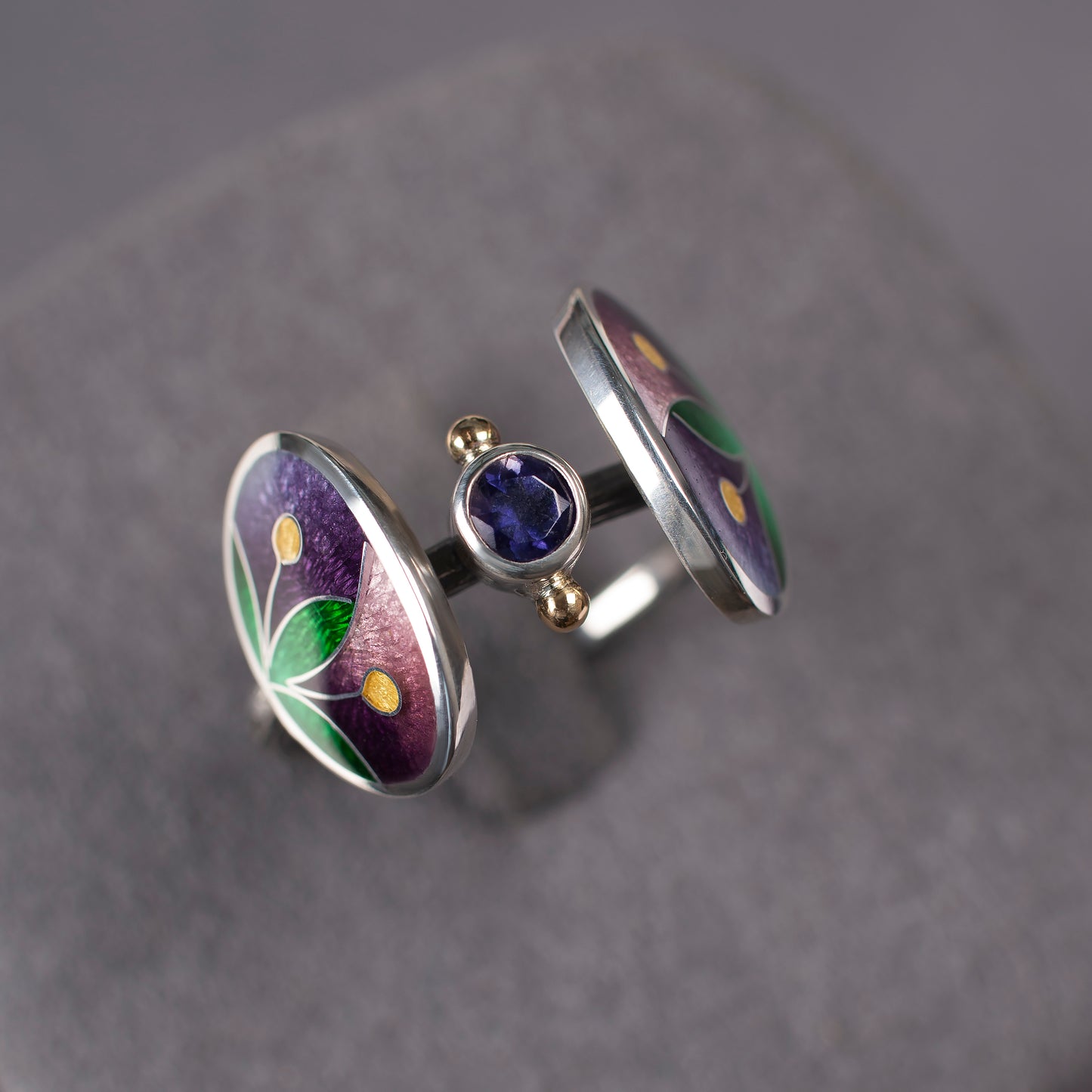 Enameled Oval Shape Ring with Iolite Stone, Cloisonne Enamel And Sterling Silver Ring