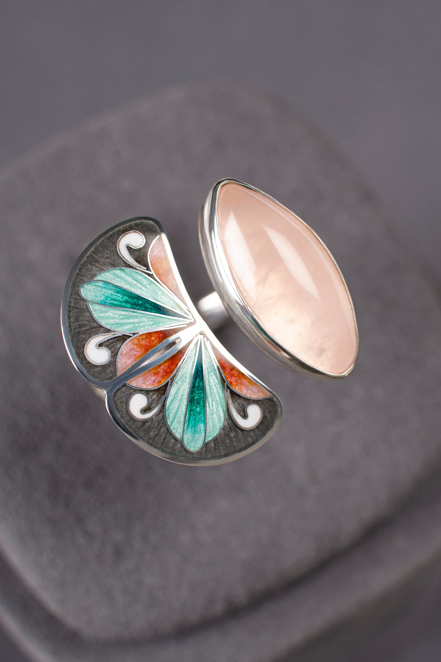 Rose Quartz Ring, Cloisonne Enamel Bohemian Ring