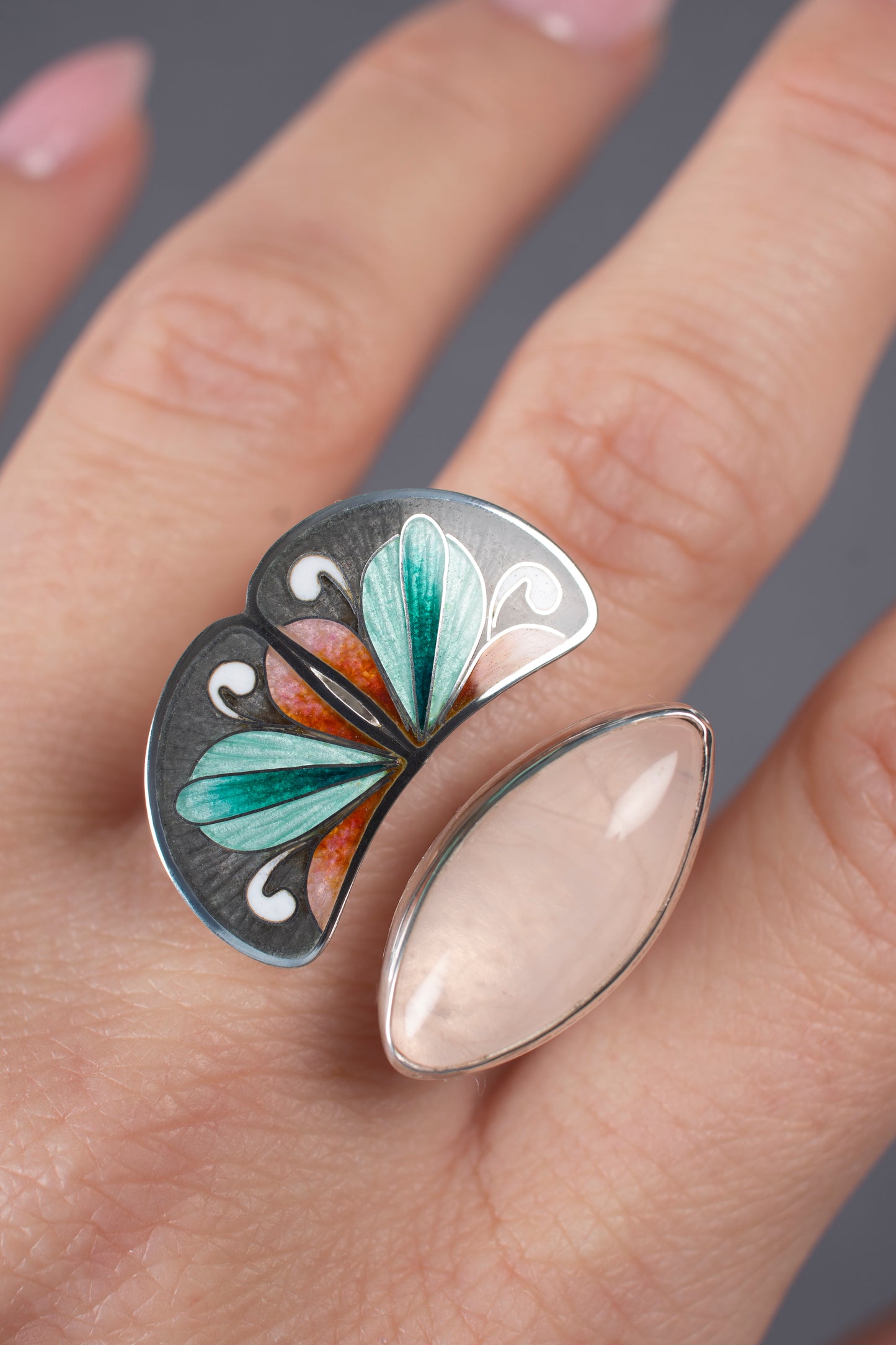 Rose Quartz Ring, Cloisonne Enamel Bohemian Ring