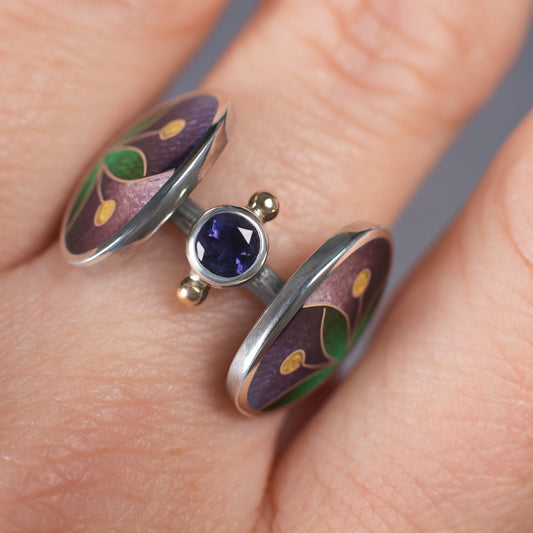 Enameled Oval Shape Ring with Iolite Stone, Cloisonne Enamel And Sterling Silver Ring