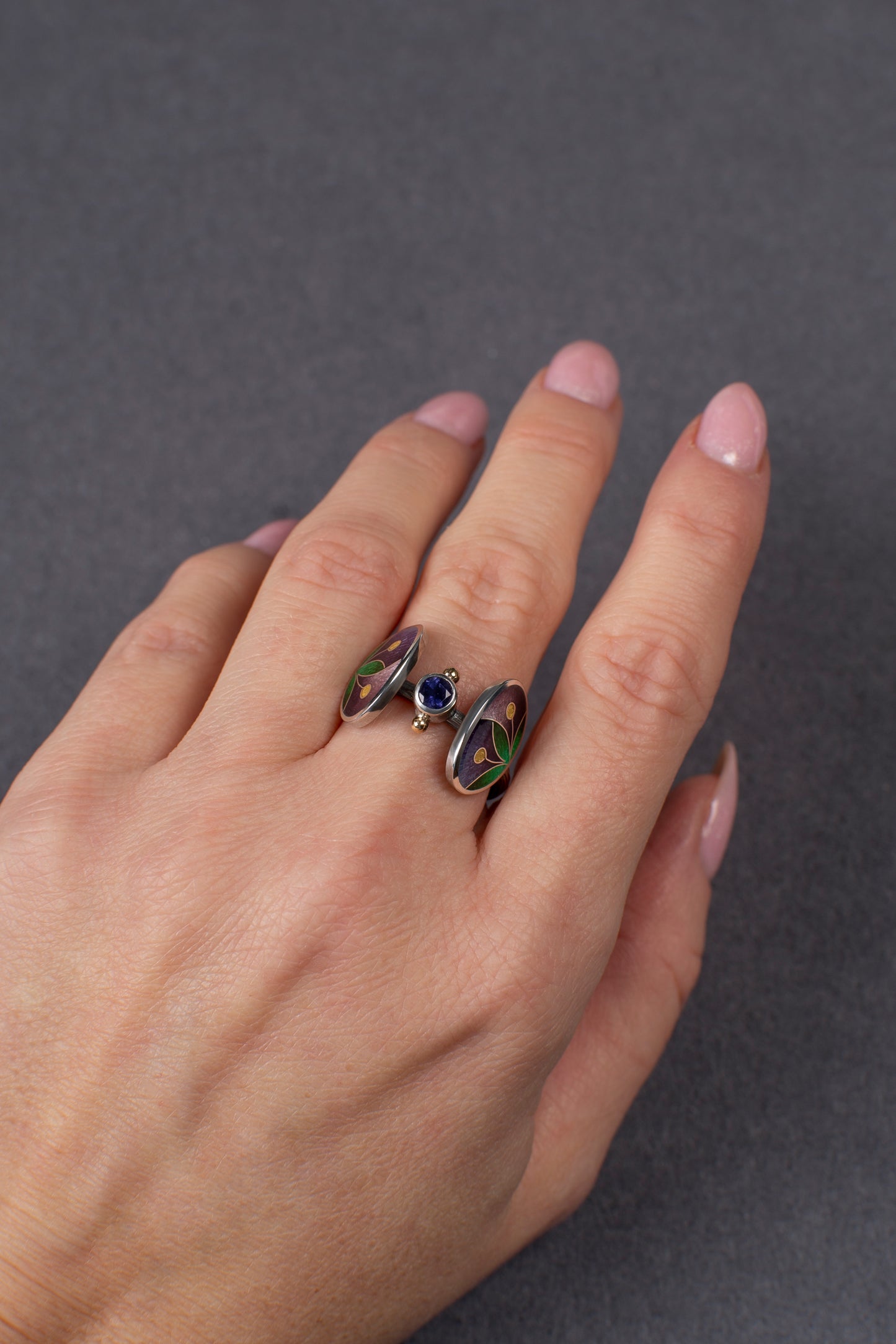 Enameled Oval Shape Ring with Iolite Stone, Cloisonne Enamel And Sterling Silver Ring