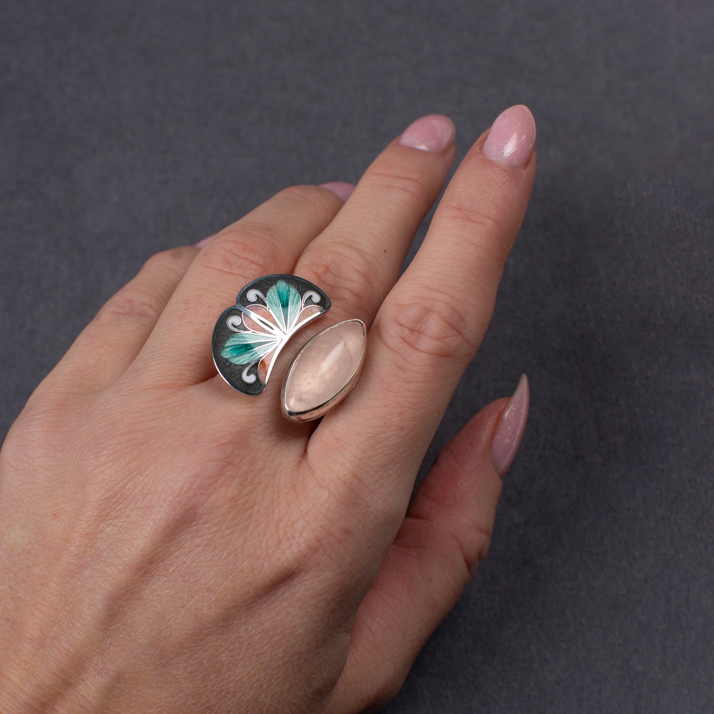 Rose Quartz Ring, Cloisonne Enamel Bohemian Ring
