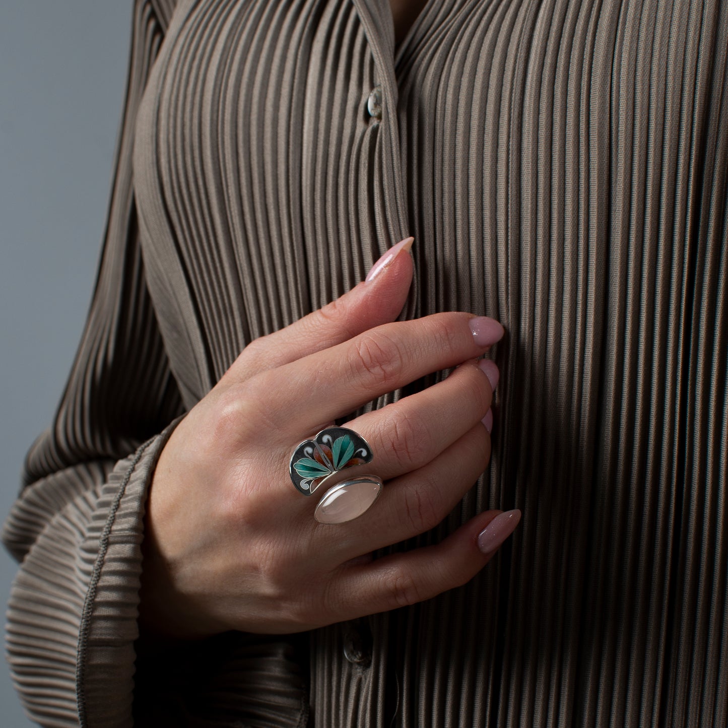 Rose Quartz Ring, Cloisonne Enamel Bohemian Ring