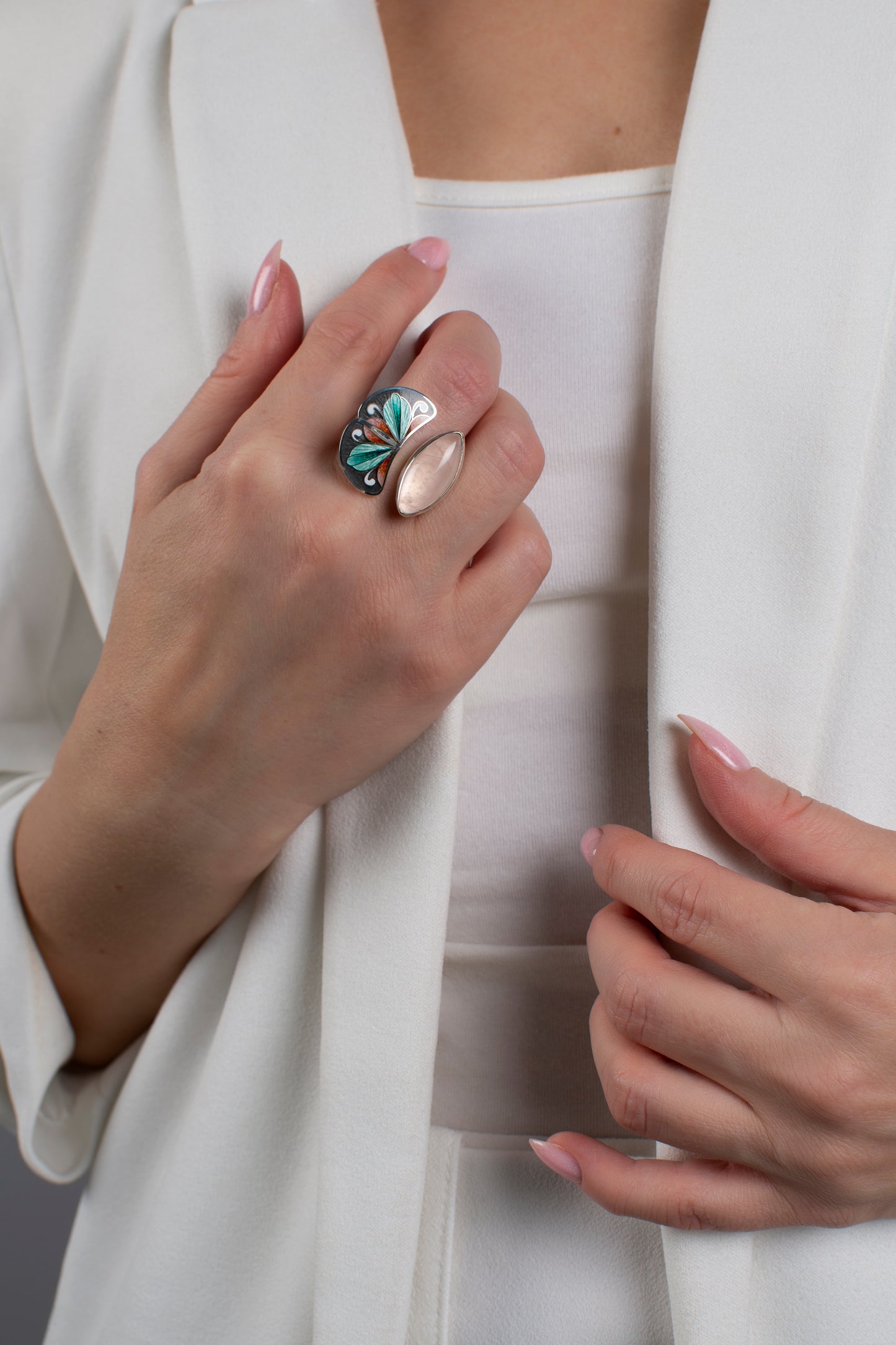 Rose Quartz Ring, Cloisonne Enamel Bohemian Ring