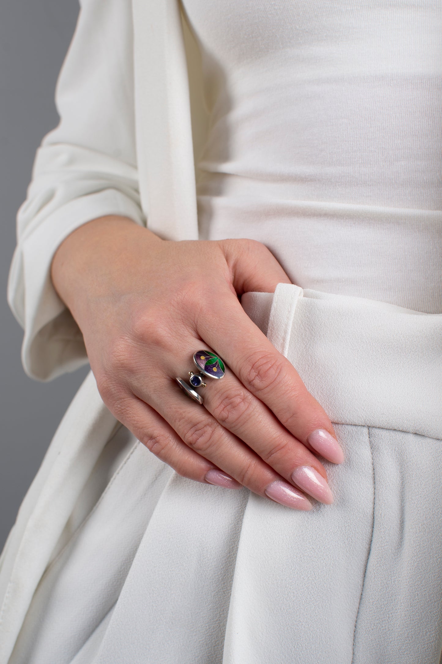 Enameled Oval Shape Ring with Iolite Stone, Cloisonne Enamel And Sterling Silver Ring