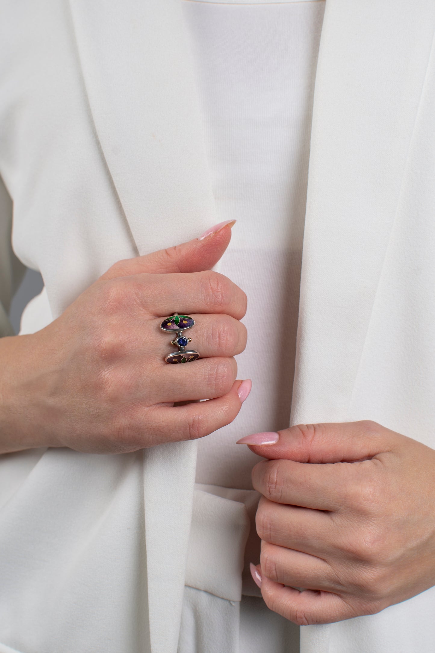 Enameled Oval Shape Ring with Iolite Stone, Cloisonne Enamel And Sterling Silver Ring