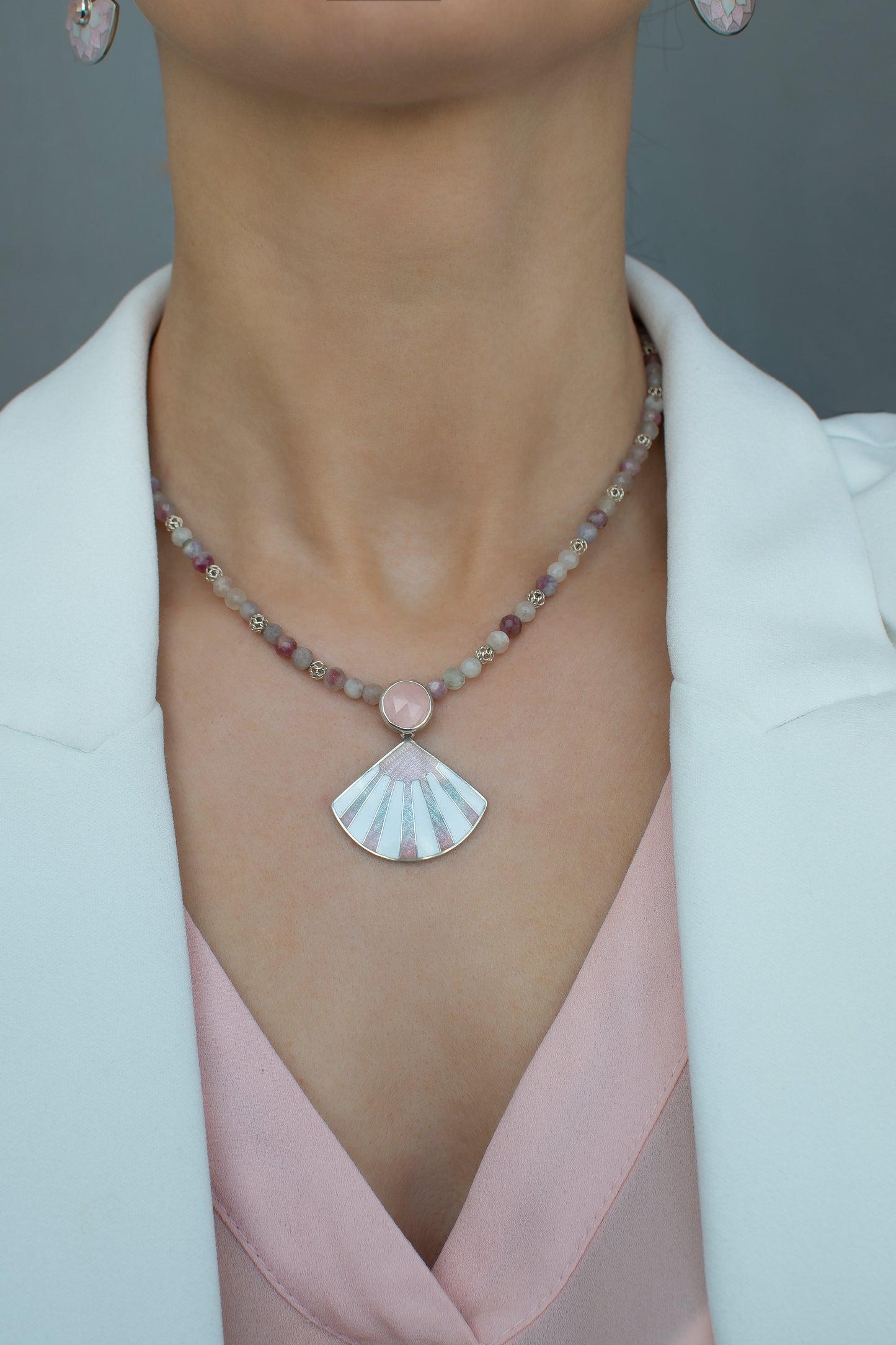 Cloisonne Enamel Pendant With Rose Quartz And Tourmaline Necklace