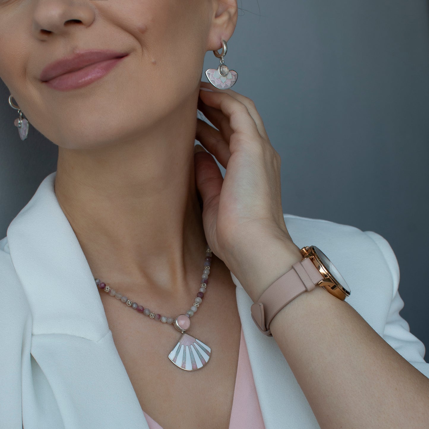 Cloisonne Enamel Earrings With Rose Quartz