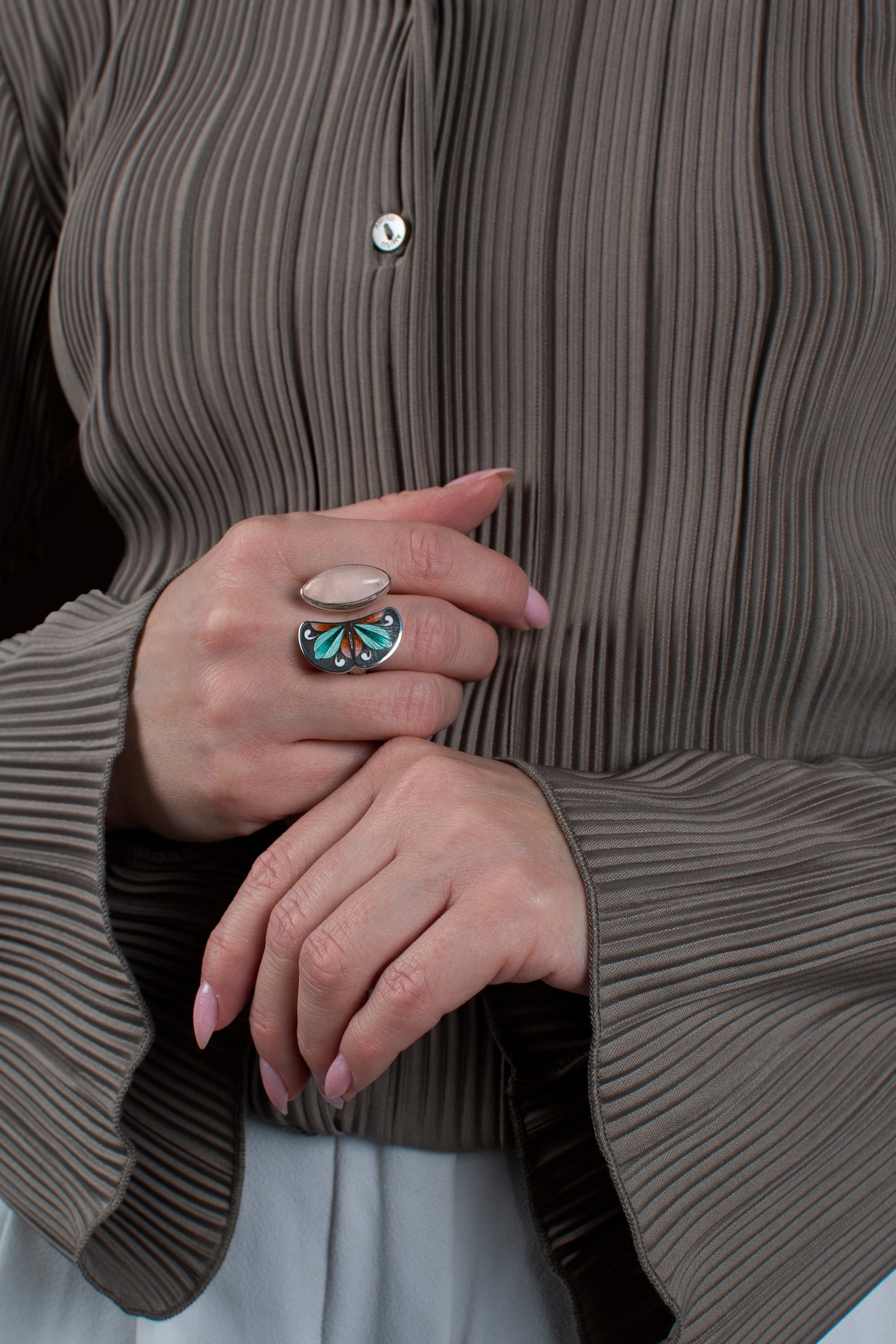 Rose Quartz Ring, Cloisonne Enamel Bohemian Ring