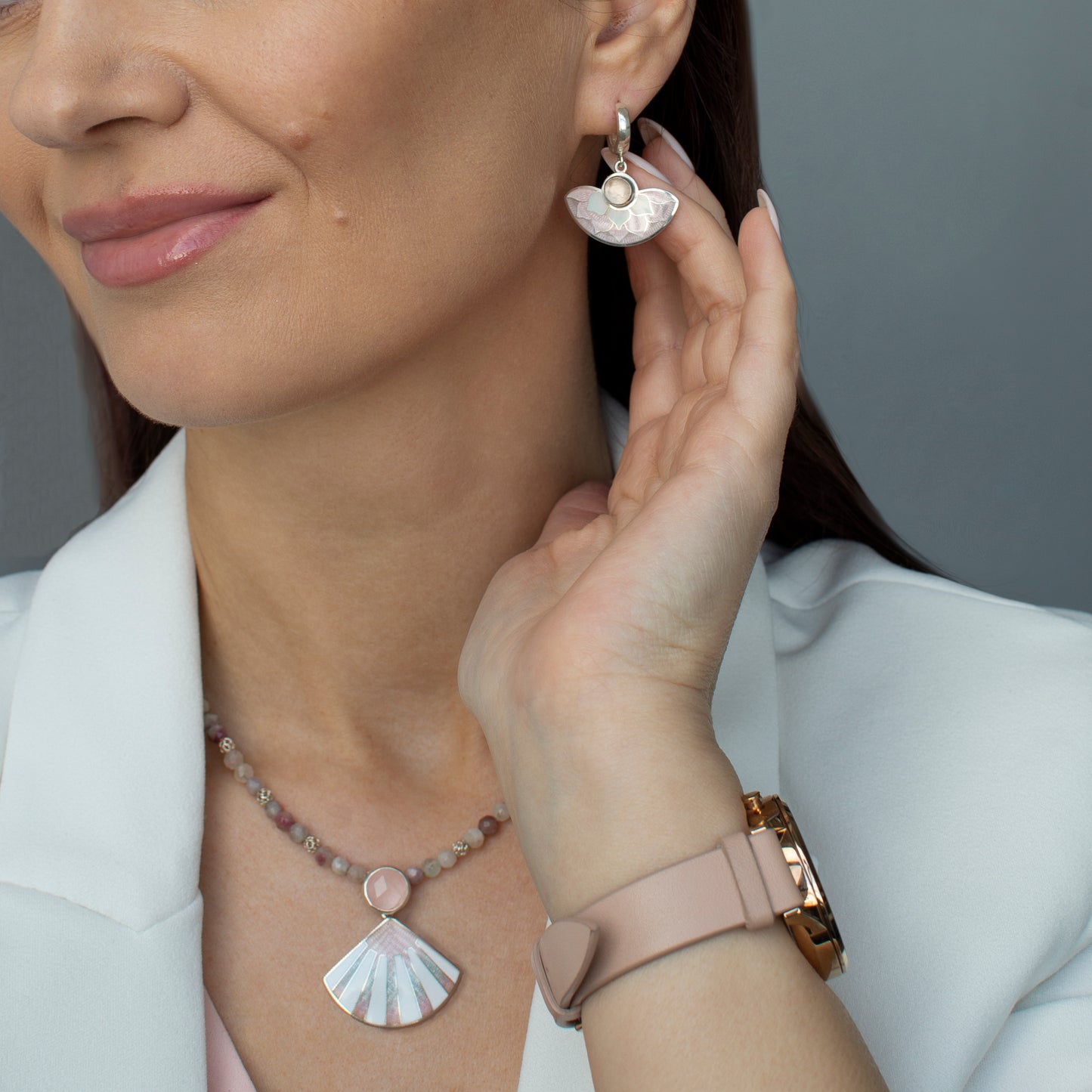 Cloisonne Enamel Earrings With Rose Quartz